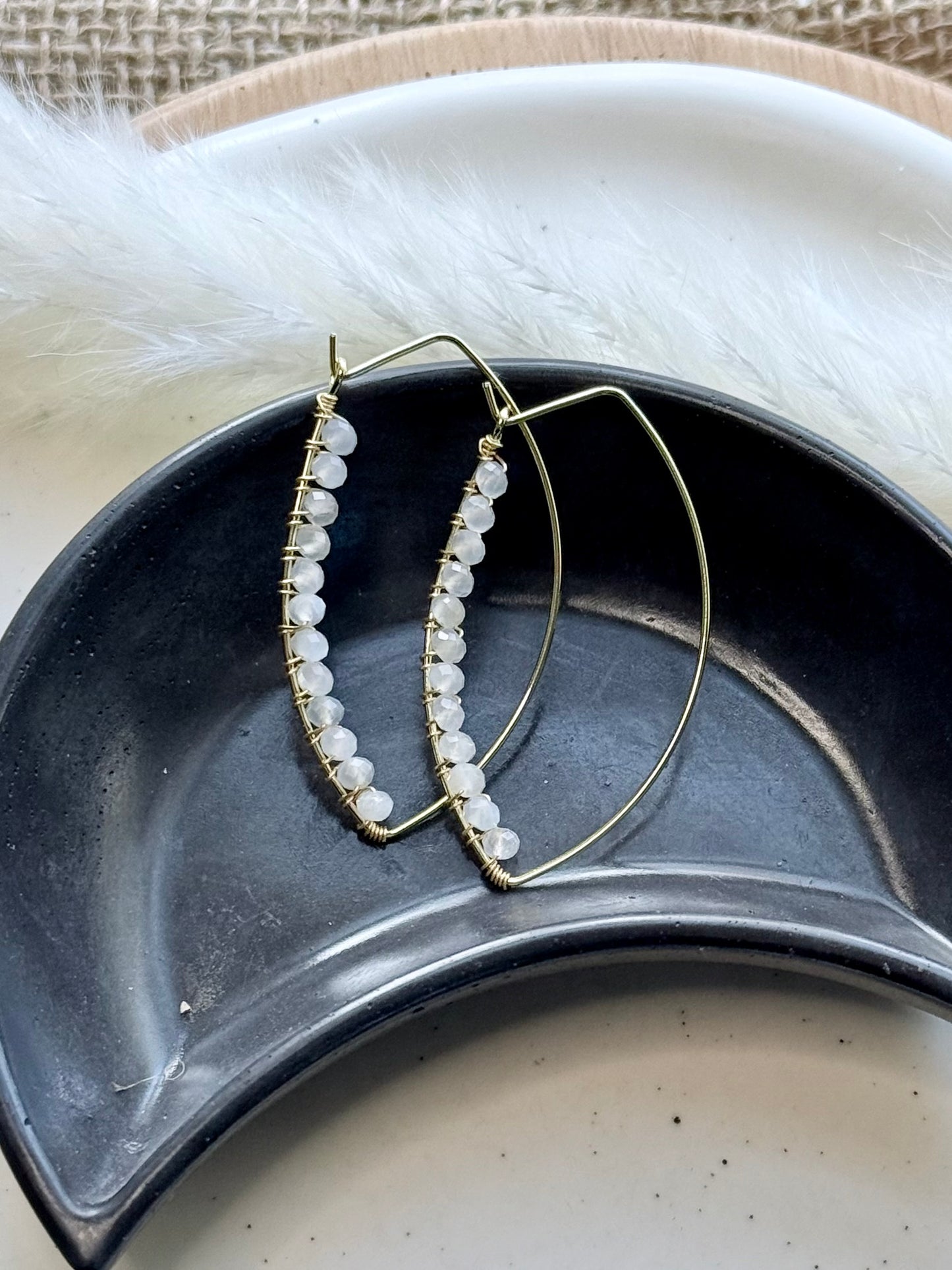 White Moonstone + Gold Eye Earrings