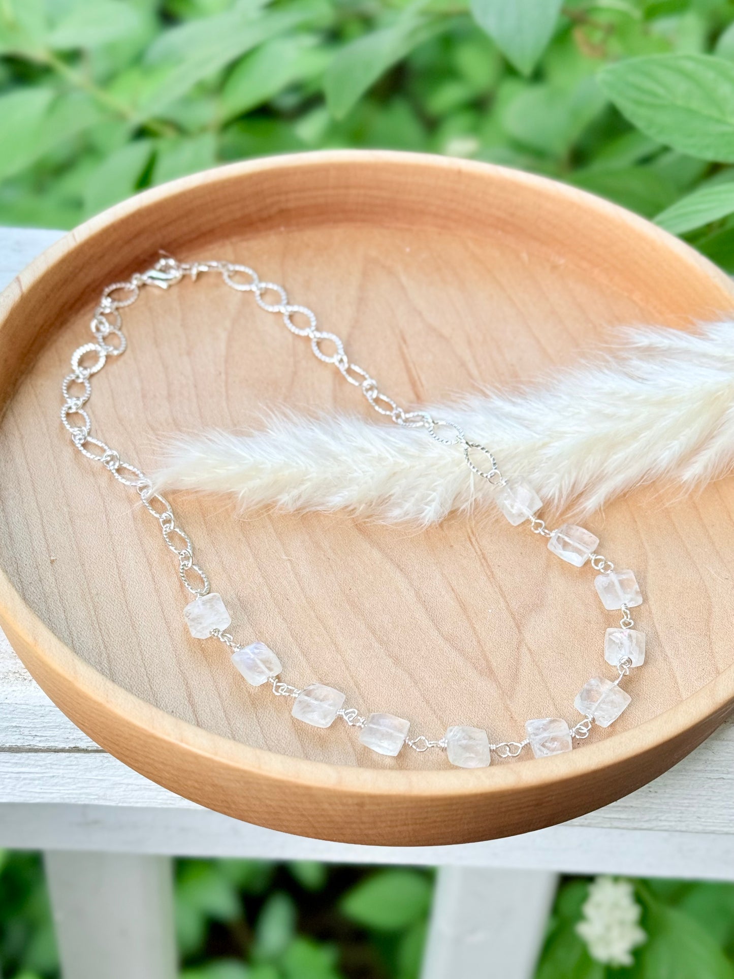 Rainbow Moonstone + Silver Square Necklace