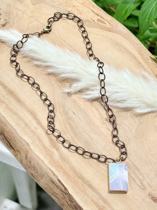 Rainbow Moonstone Rectangle + Antique Bronze Necklace