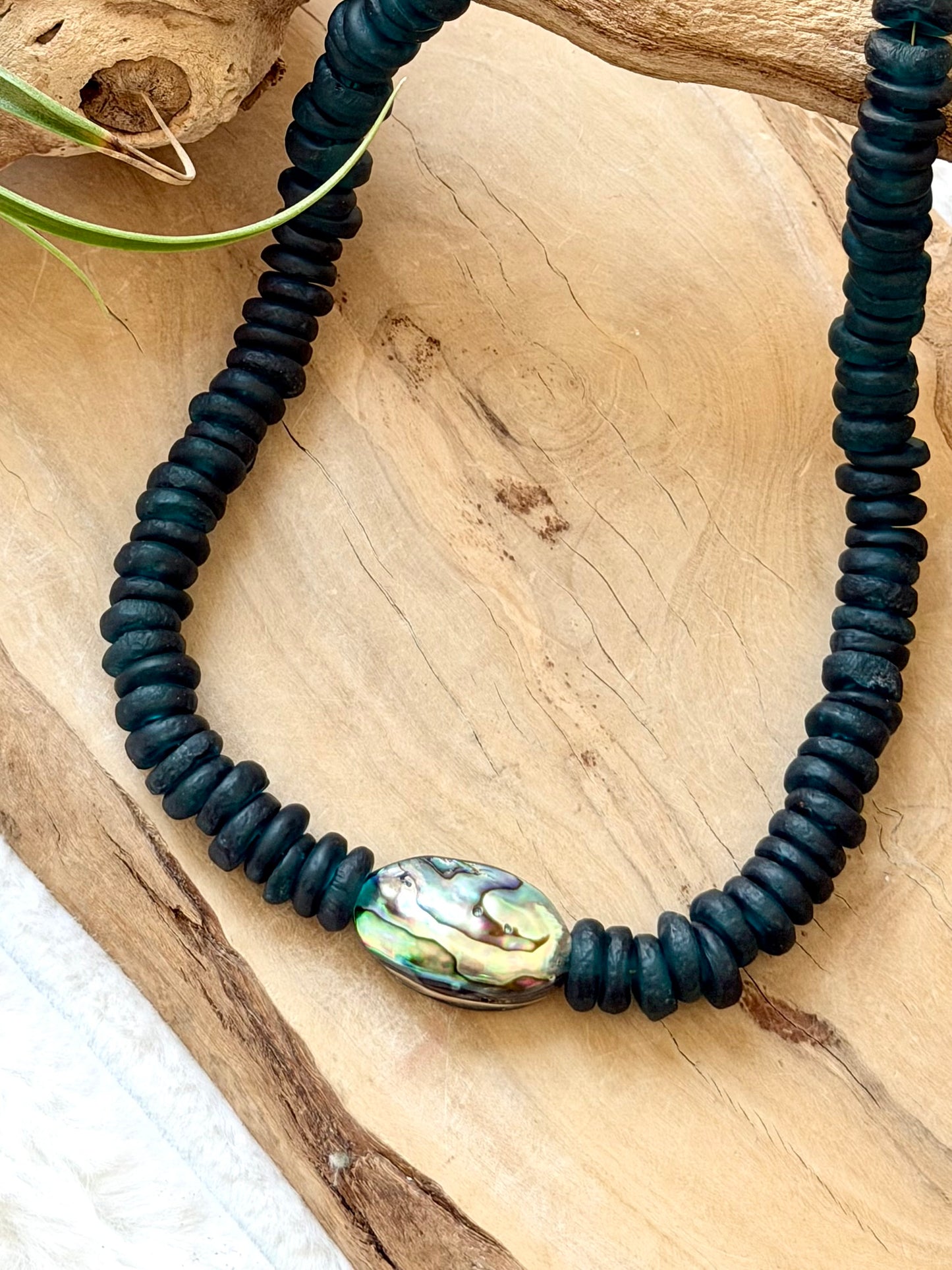 Abalone + Teal African Glass Chunky Necklace