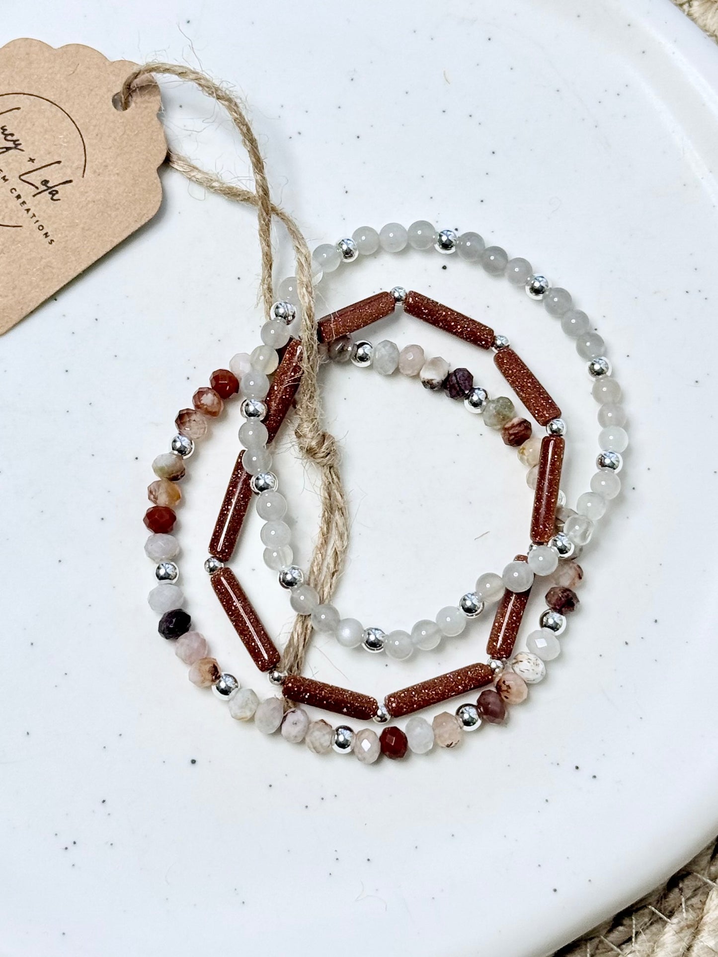 Cherry Agate + Moonstone in Silver Stack (3-stack)