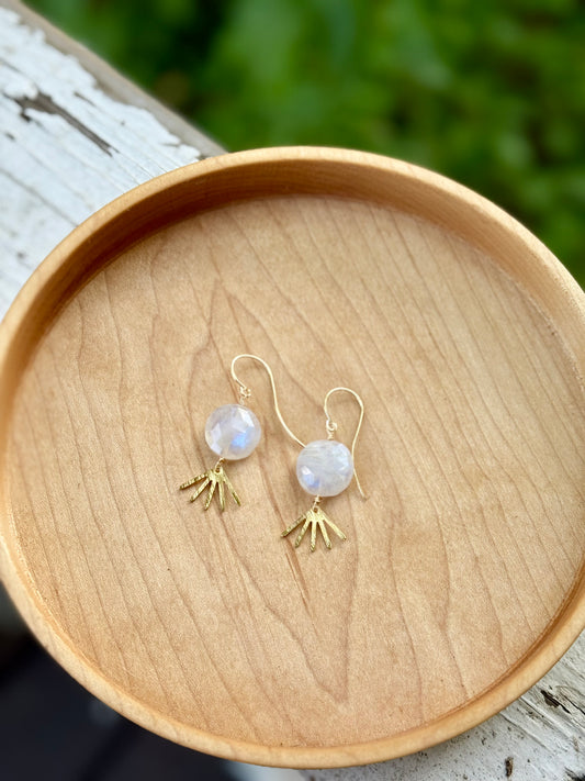 Rainbow Moonstone + Gold Sunburst Earrings