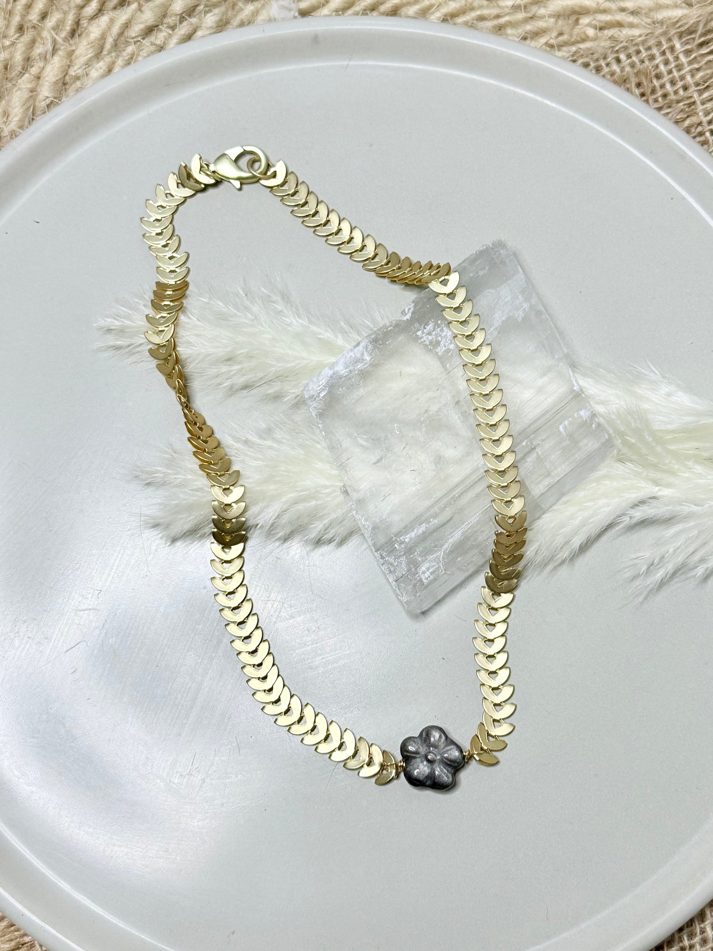 Gold Obsidian Flower + Matte Gold Half-Moon Chain Necklace
