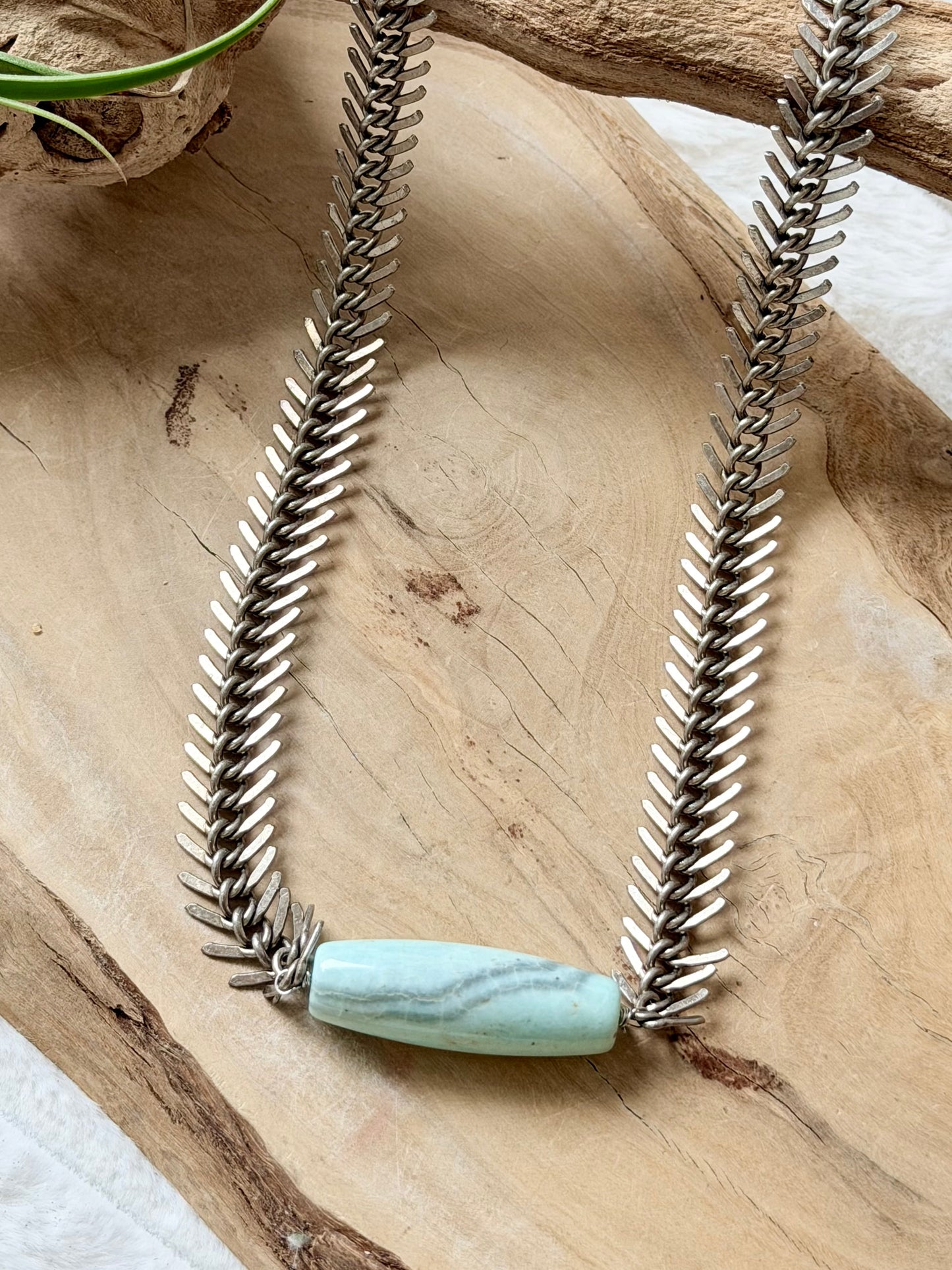 Aqua Blue Terra Agate + Antique Silver Fishbone Chain Necklace