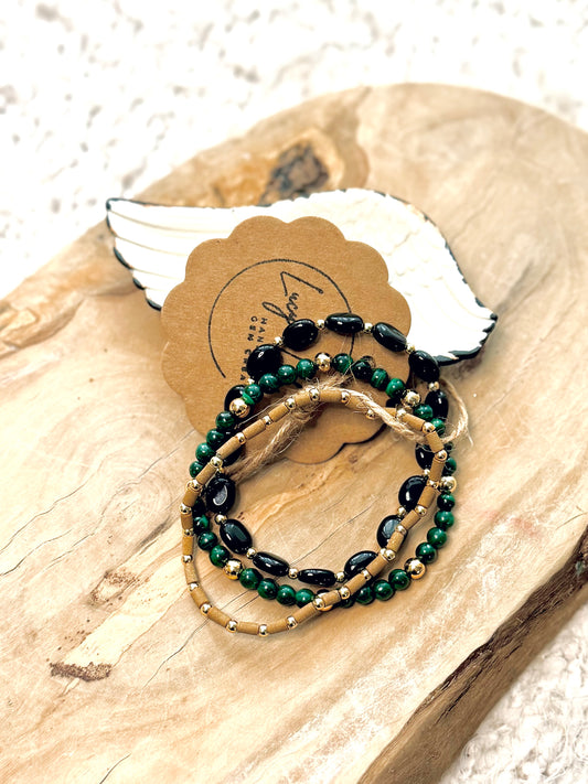 Malachite + Obsidian in Gold (3-stack)