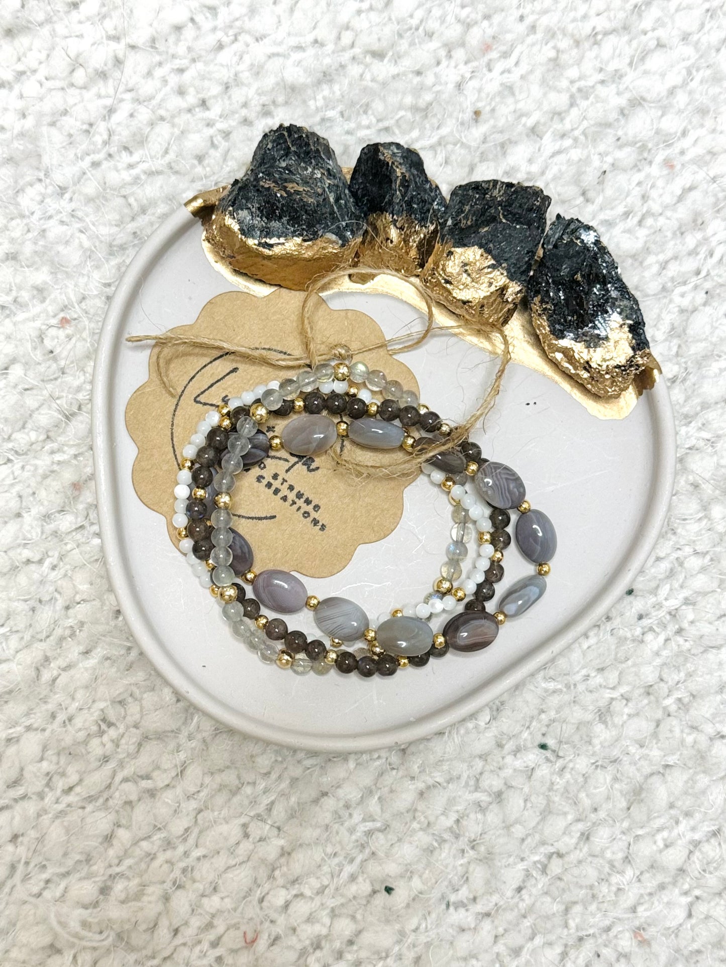 Botswana Agate + Gray in Gold (4-stack)