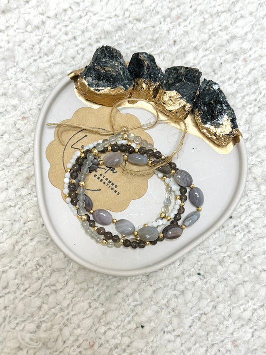 Botswana Agate + Gray in Gold (4-stack)