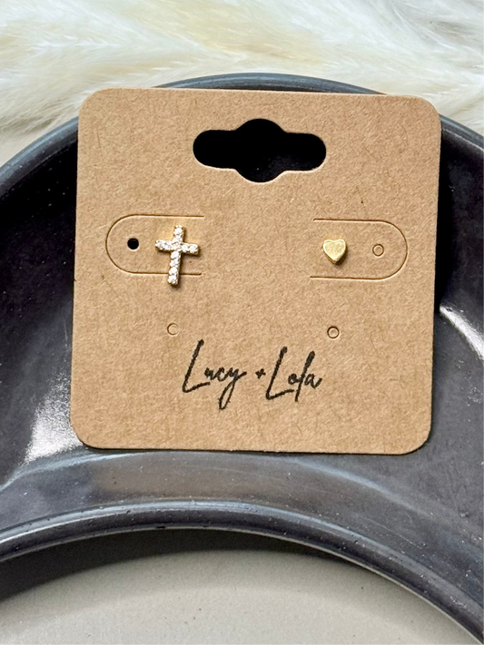 Gold Cross + Heart Mini Stud Earrings