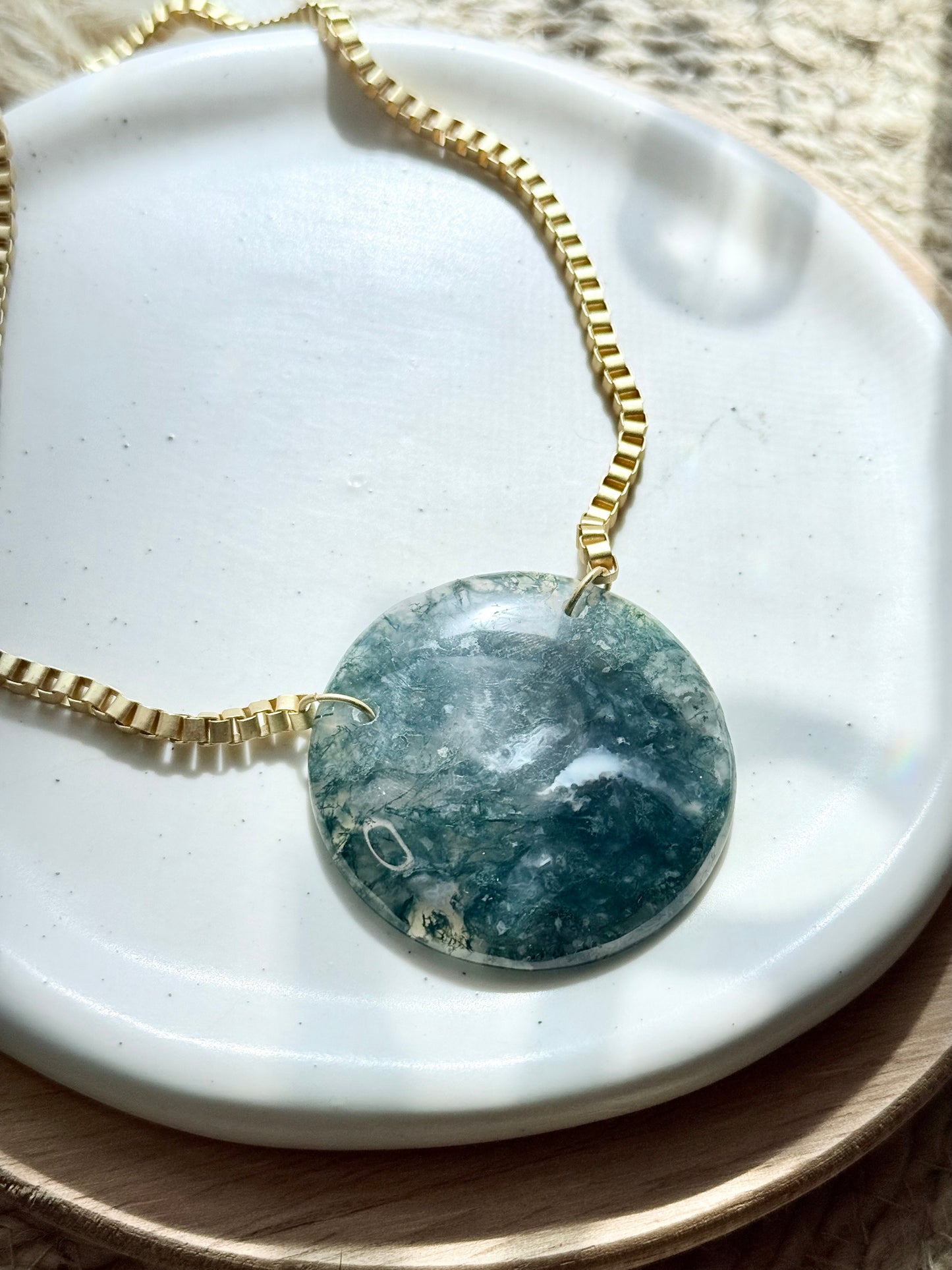 Moss Agate + Matte Gold Box Link Necklace