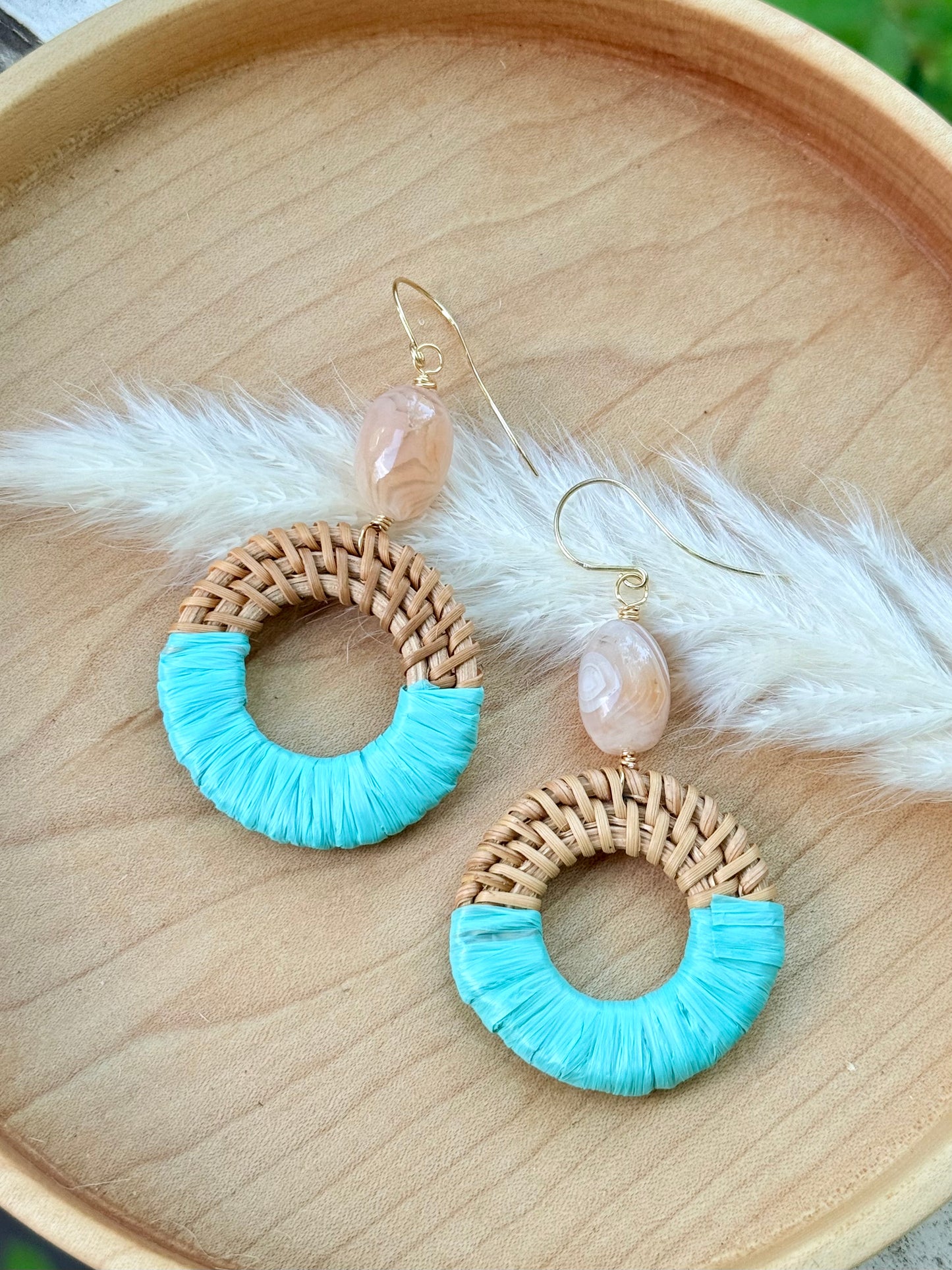 Peach Botswana Agate + Gold Rattan Earrings