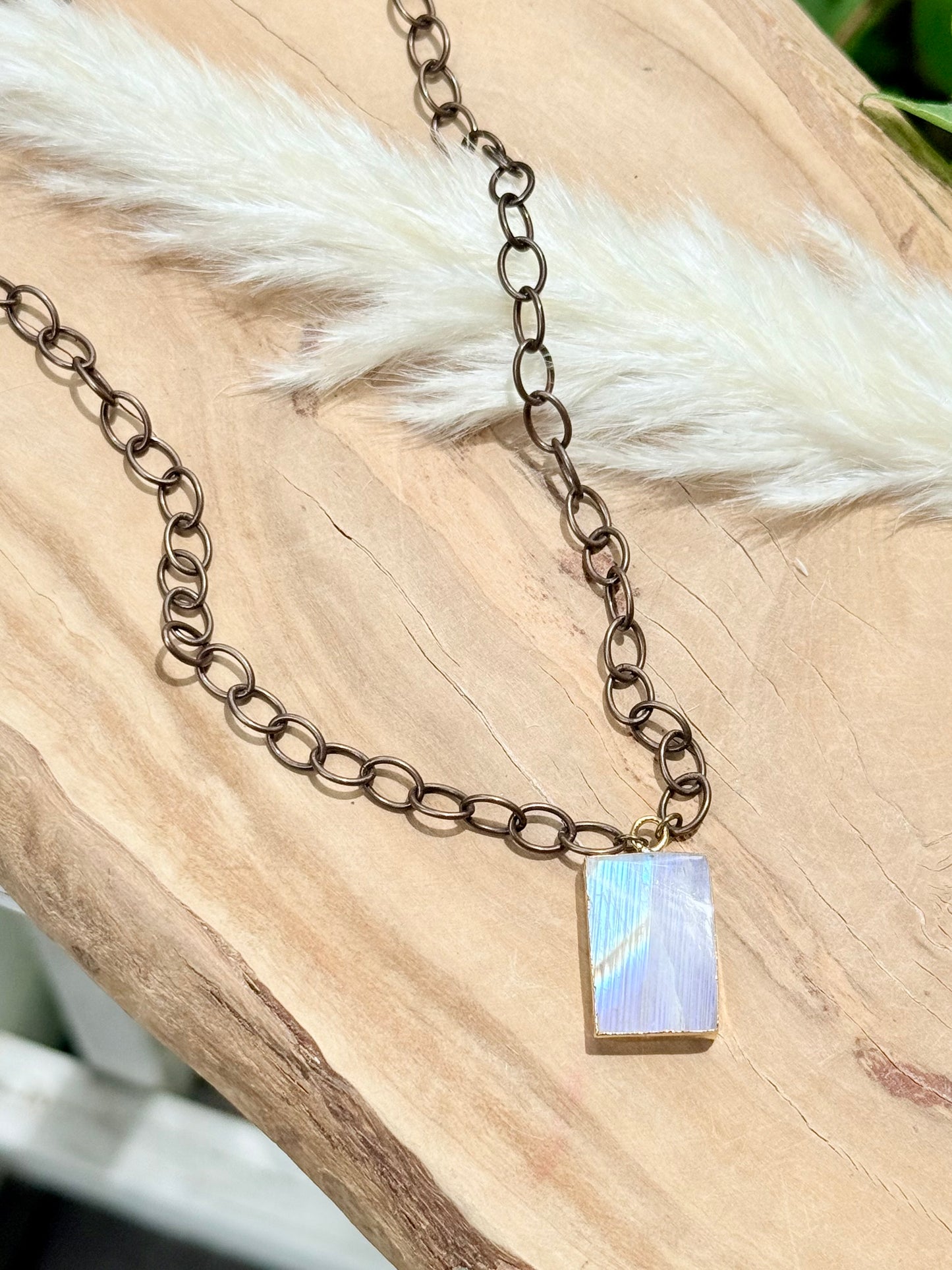 Rainbow Moonstone Rectangle + Antique Bronze Necklace