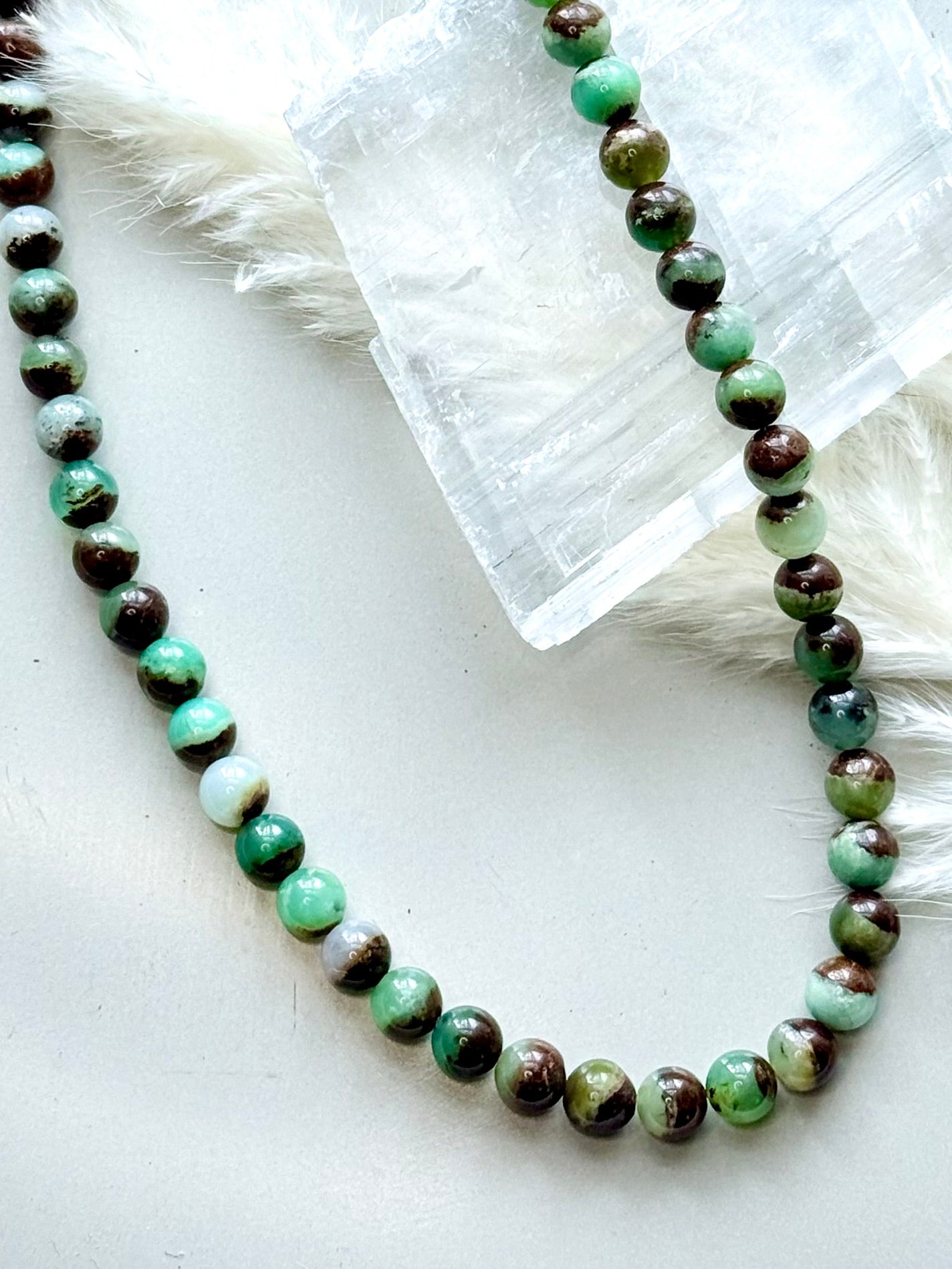 Brown/Green Chrysoprase + Gold Beaded Necklace