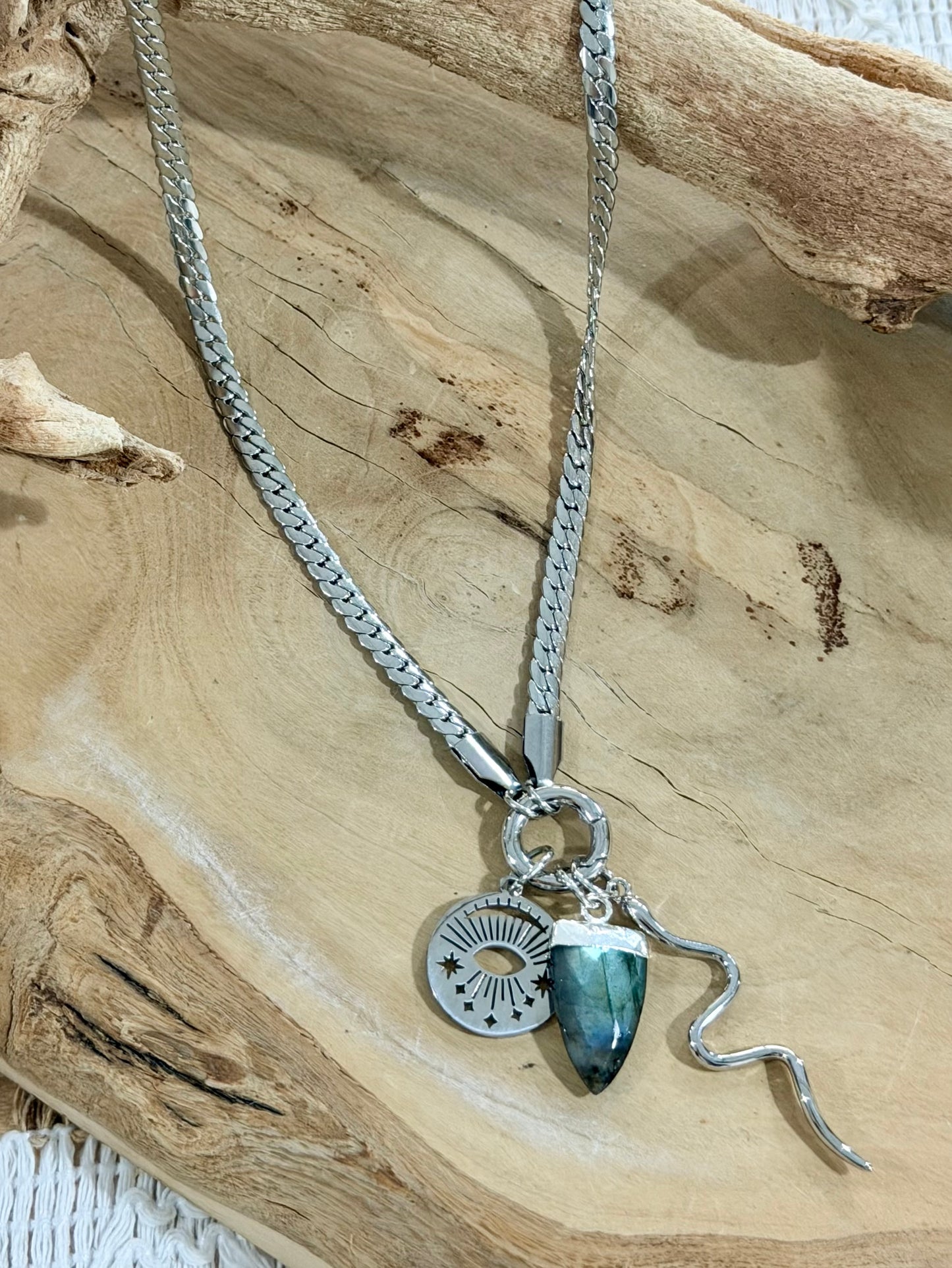 Labradorite + Silver Carabiner Charm Necklace