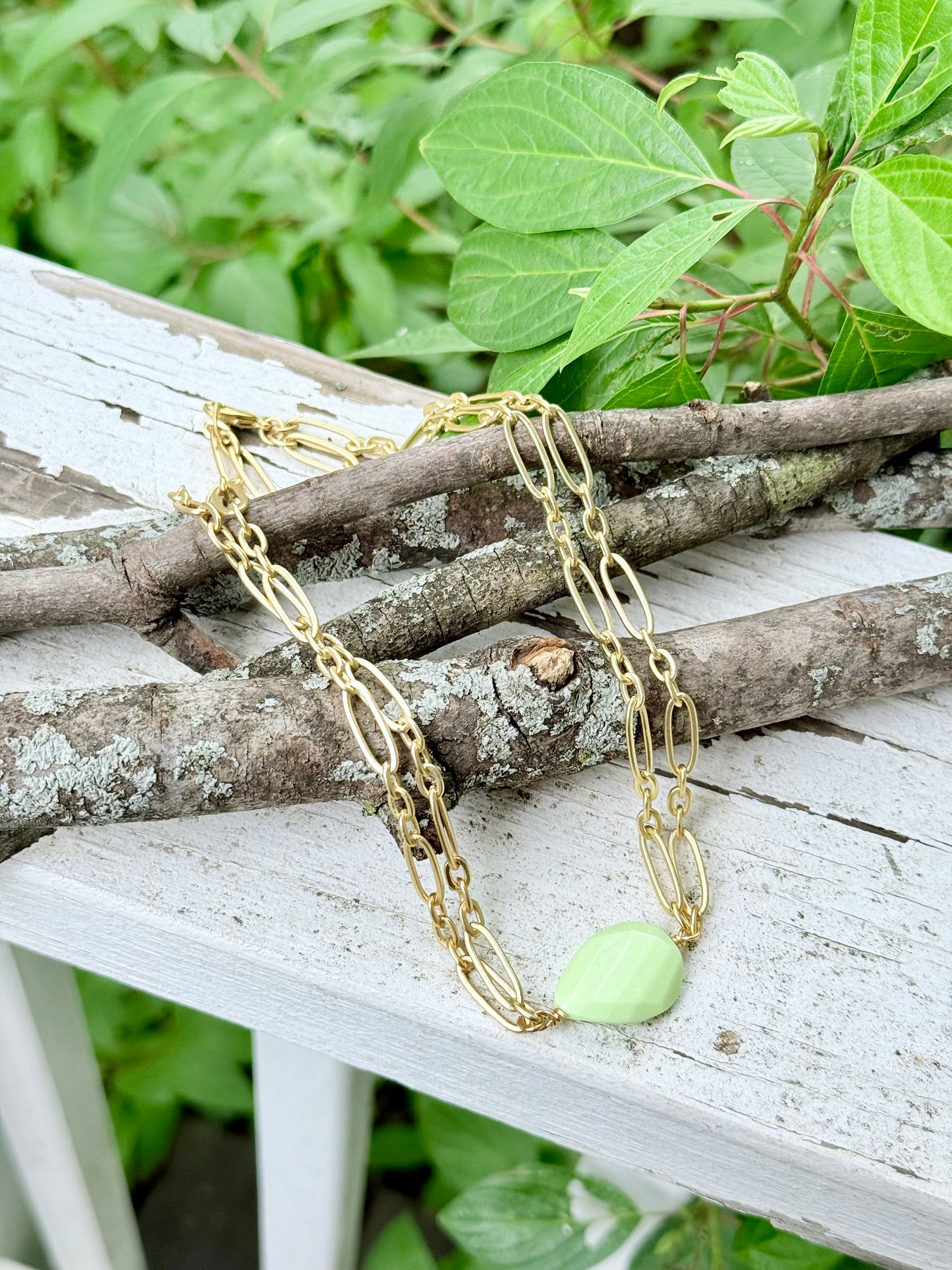 Lemon Chrysoprase + Matte Gold Double Chain Necklace