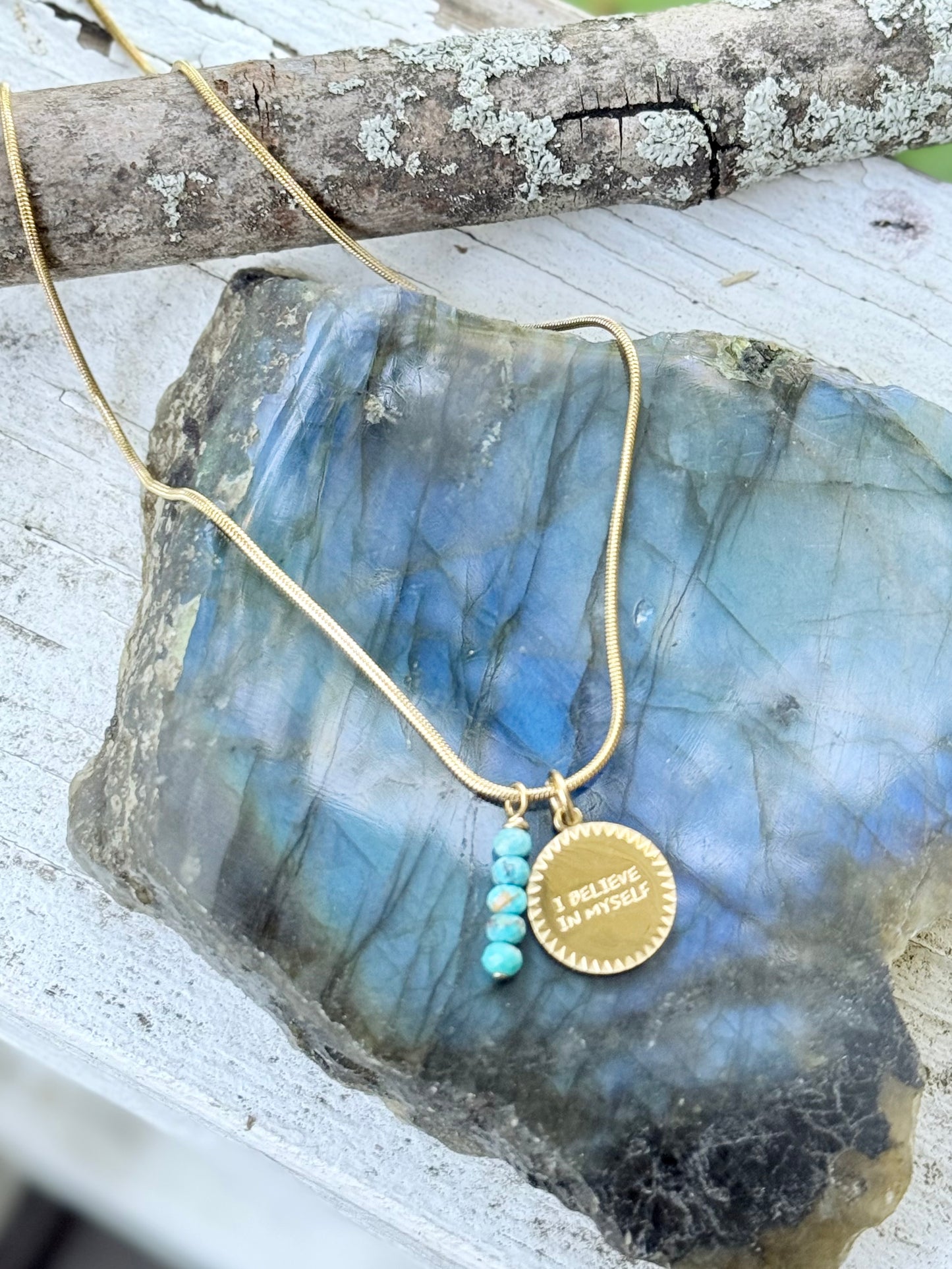 I BELIEVE IN MYSELF: Turquoise + Gold Stainless Steel Necklace