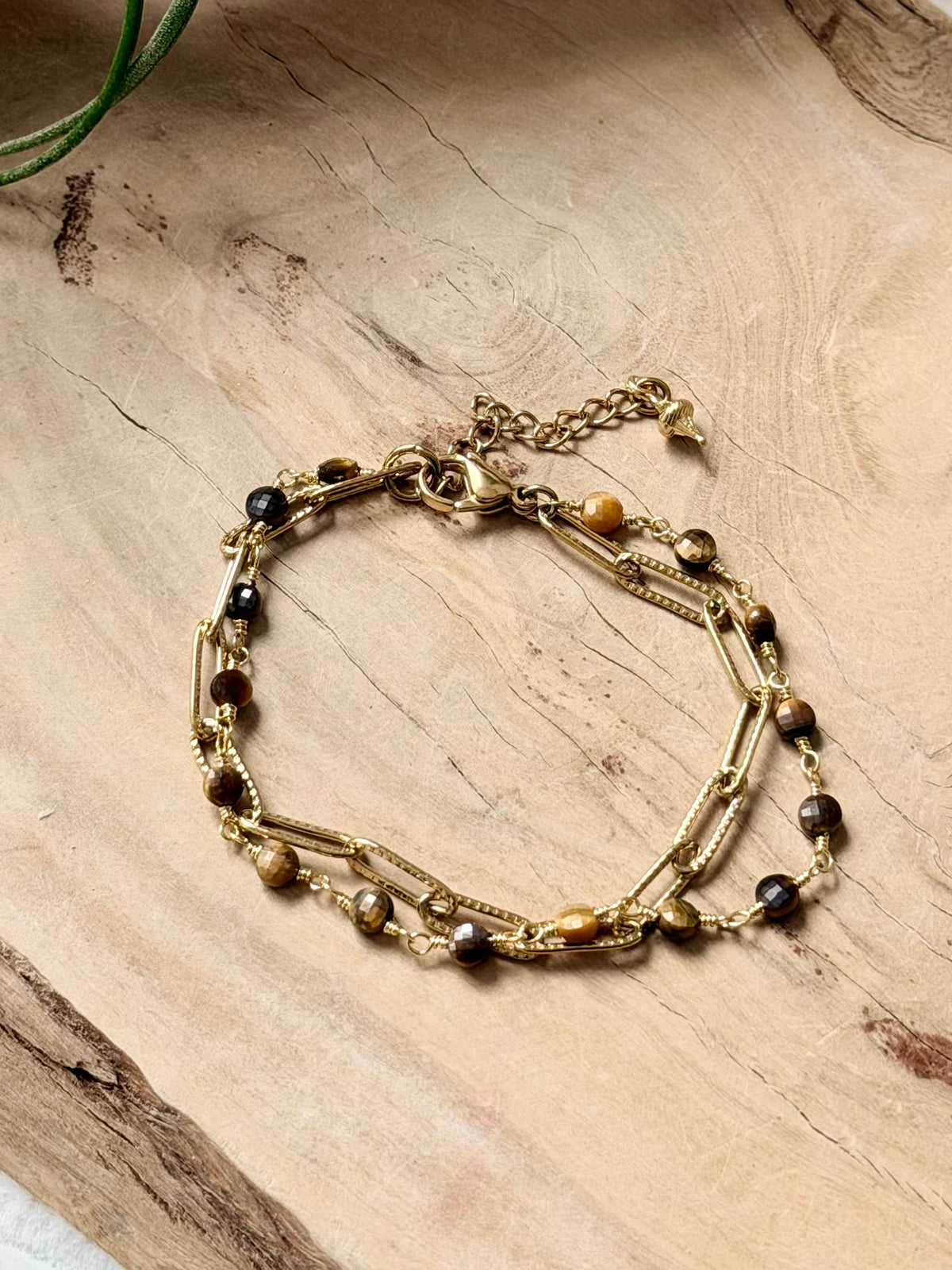 Tiger Eye + Gold Stainless Steel Duet Bracelet