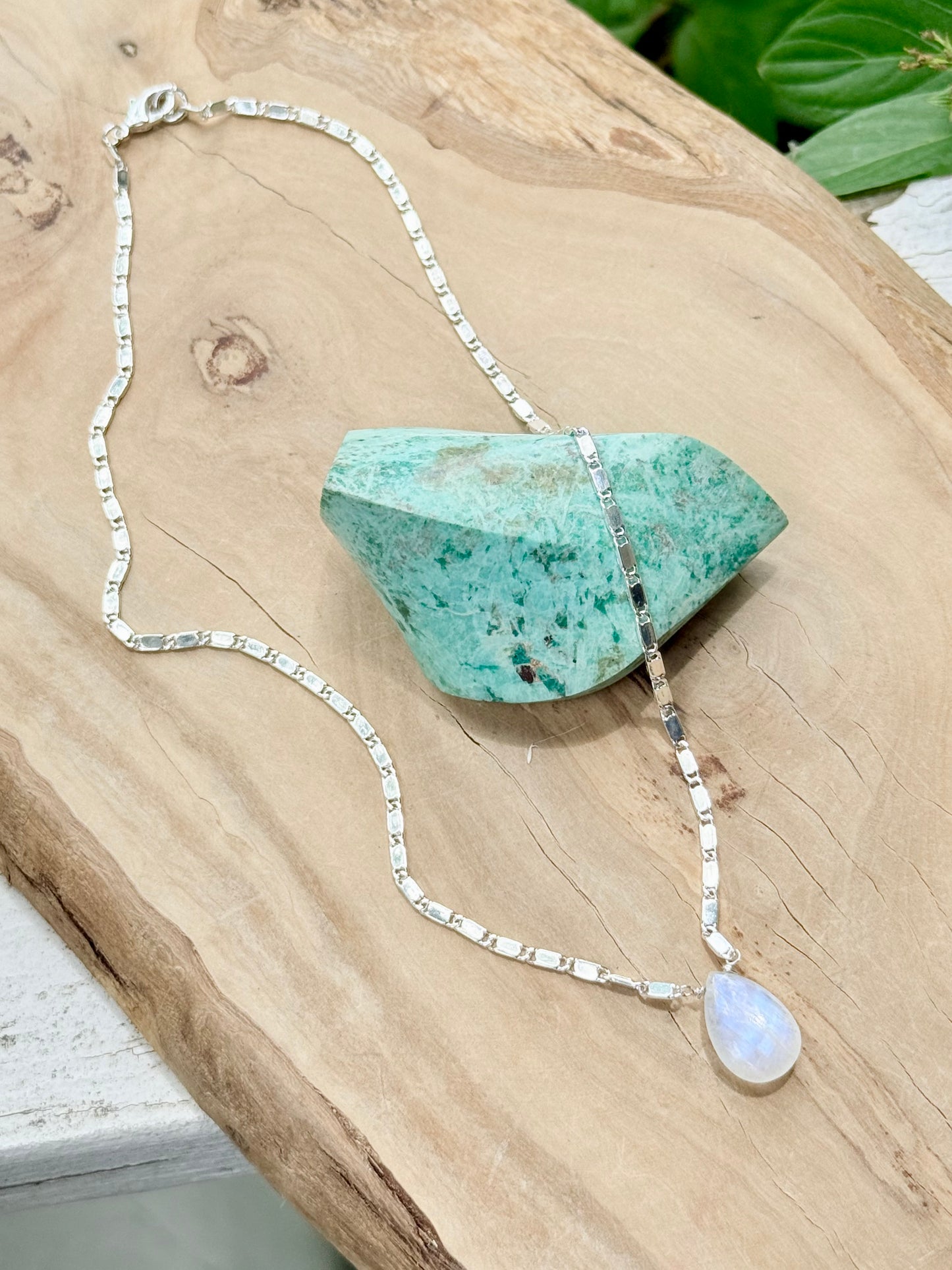 Rainbow Moonstone Teardrop + Silver Necklace