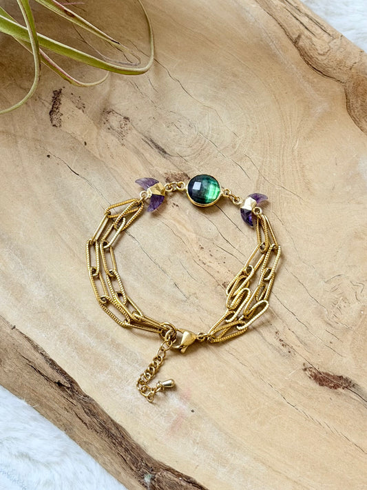 Multi-Color Quartz + Amethyst Gold Moon Bracelet