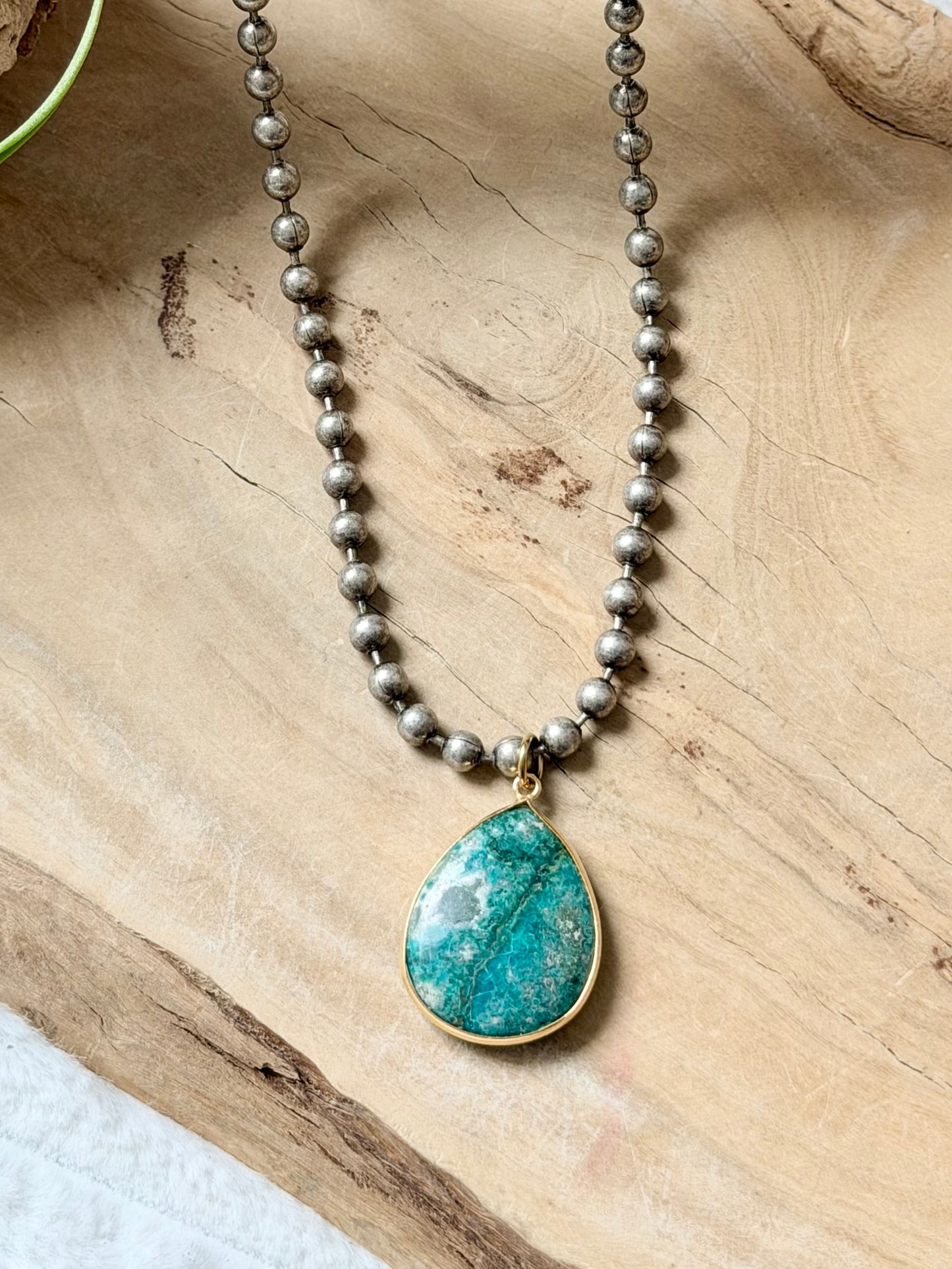 Chrysocolla + Antique Silver Ball Chain Necklace