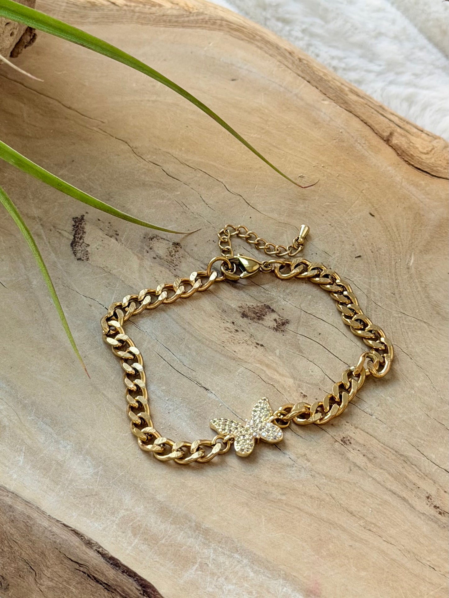 Zircon Butterfly + Gold Curb Chain Bracelet