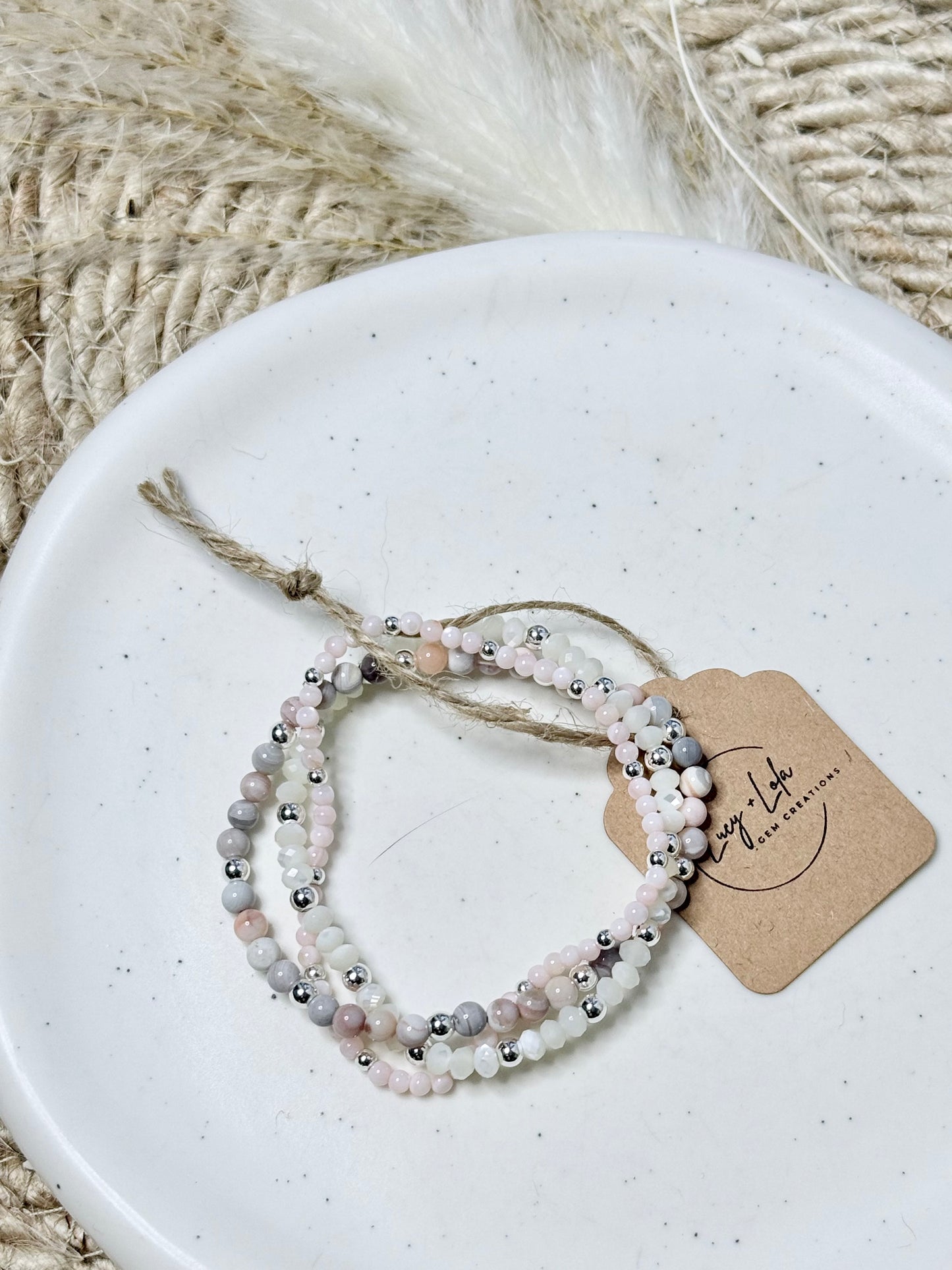 Pink Botswana Agate + Mother of Pearl in Silver Stack (3-stack)