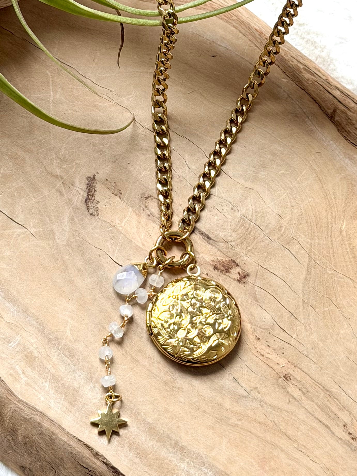 Moonstone + Gold Stainless Steel Locket, Carabiner Charm Necklace