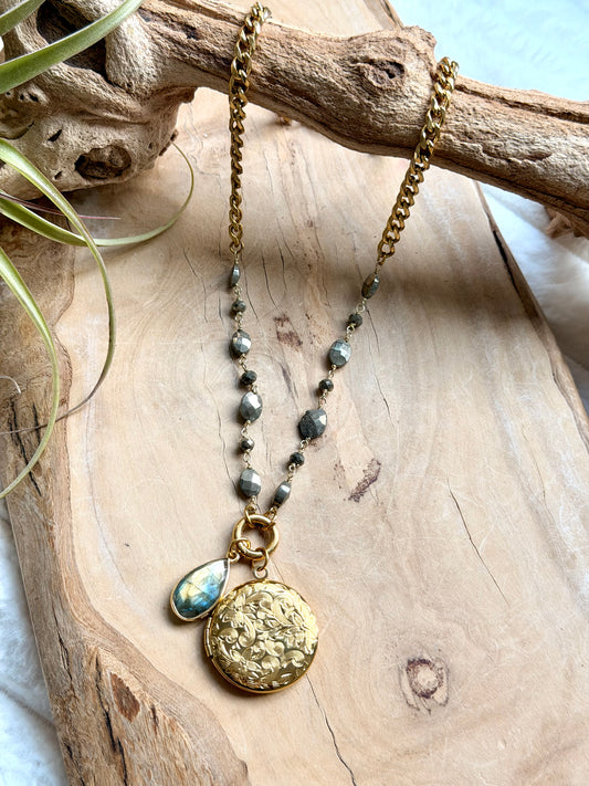 Pyrite + Labradorite Gold Stainless Steel Locket, Carabiner Charm Necklace