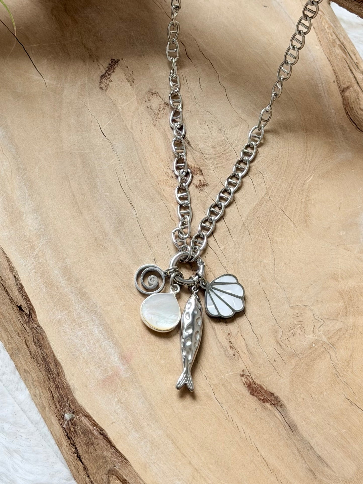 Mother of Pearl + Silver Fish Stainless Carabiner Charm Necklace