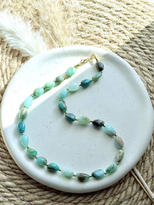 Luxe Peruvian Blue Opal + Gold Beaded Necklace