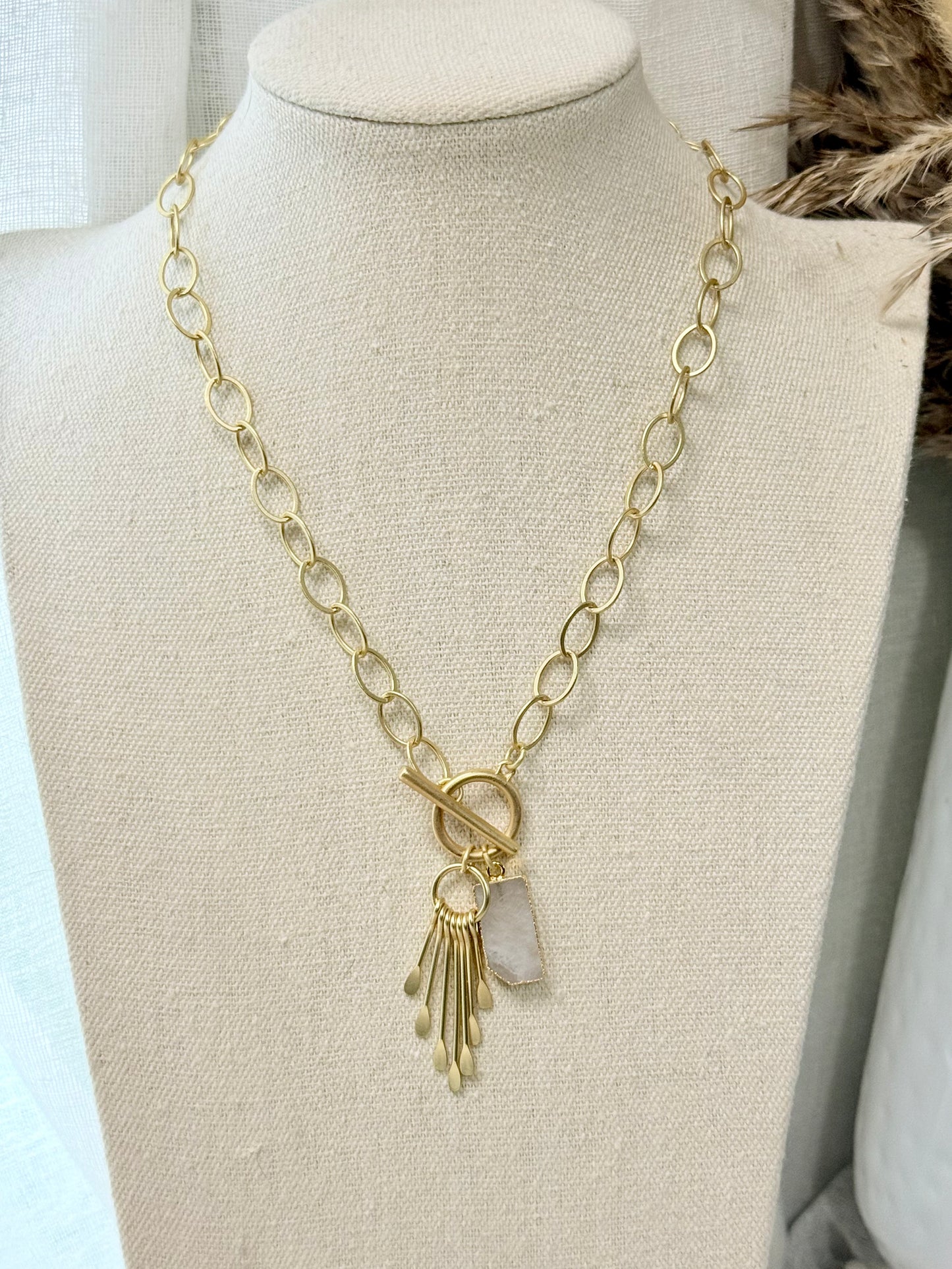 Rainbow Moonstone + Gold Charm Toggle Necklace