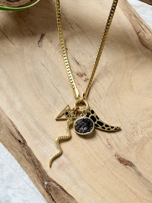 Tourmaline in Quartz + Gold Carabiner Herringbone Necklace