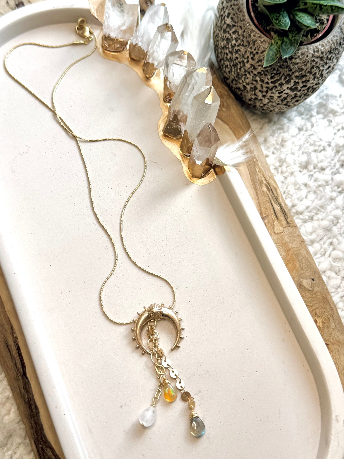 Labradorite + Ethiopian Opal Gold Half Moon Necklace