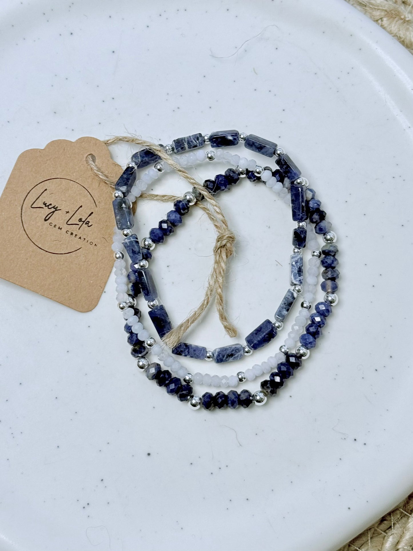 Sodalite + Lace Agate in Silver Stack (3-stack)