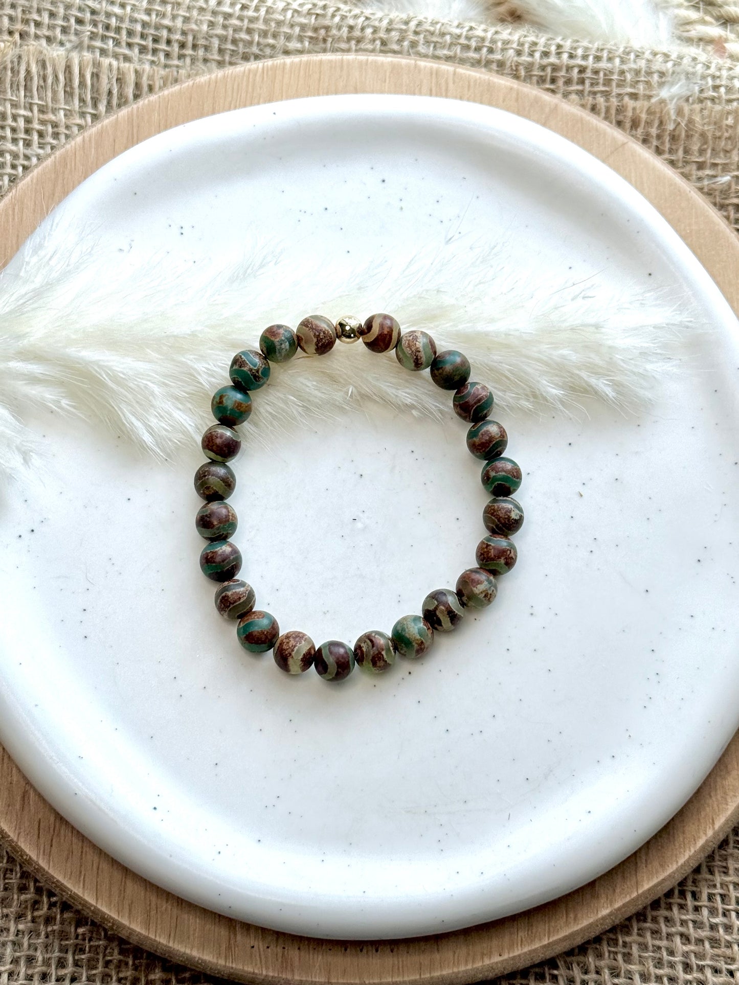 Brown/Green Wavy Tibetan Agate + Gold Unisex Band