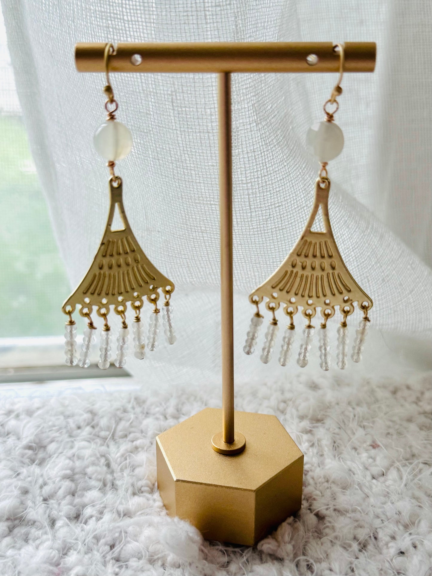 White Moonstone + Matte Gold Fringe Earrings