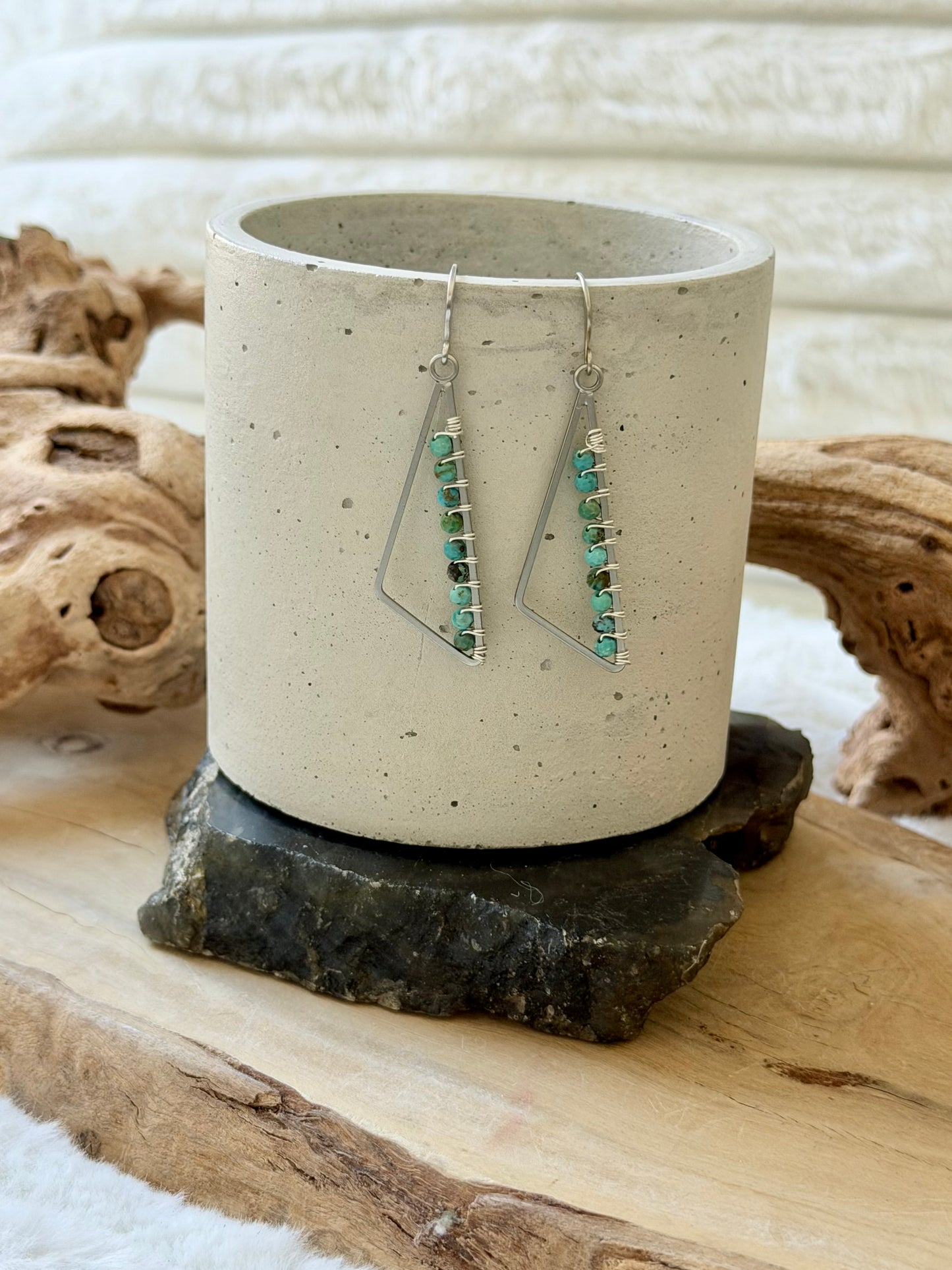 Turquoise + Matte Silver Triangle Earrings