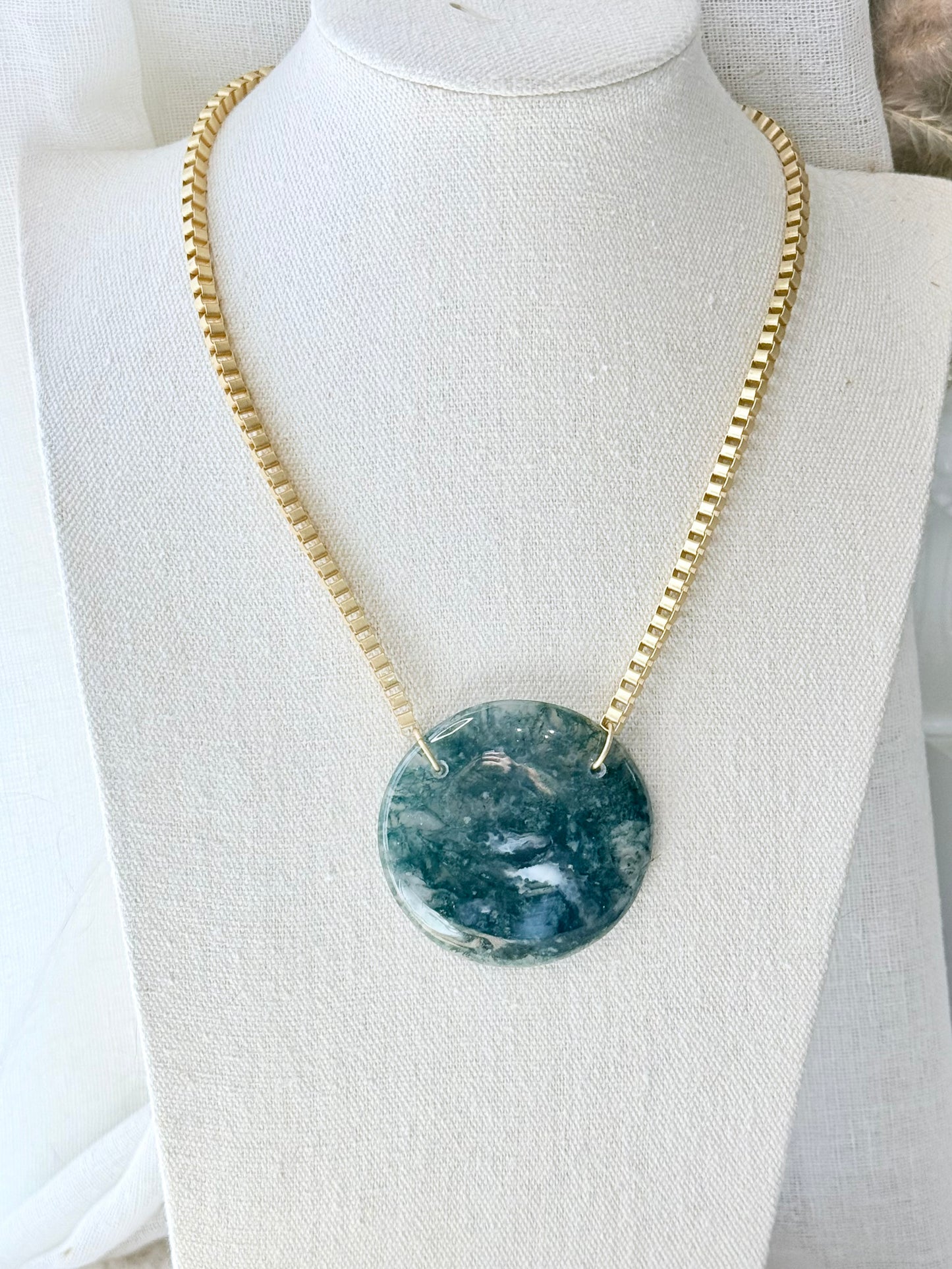 Moss Agate + Matte Gold Box Link Necklace