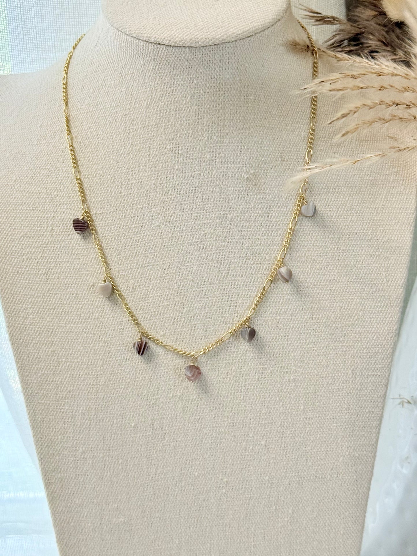Botswana Agate Hearts + Matte Gold Necklace