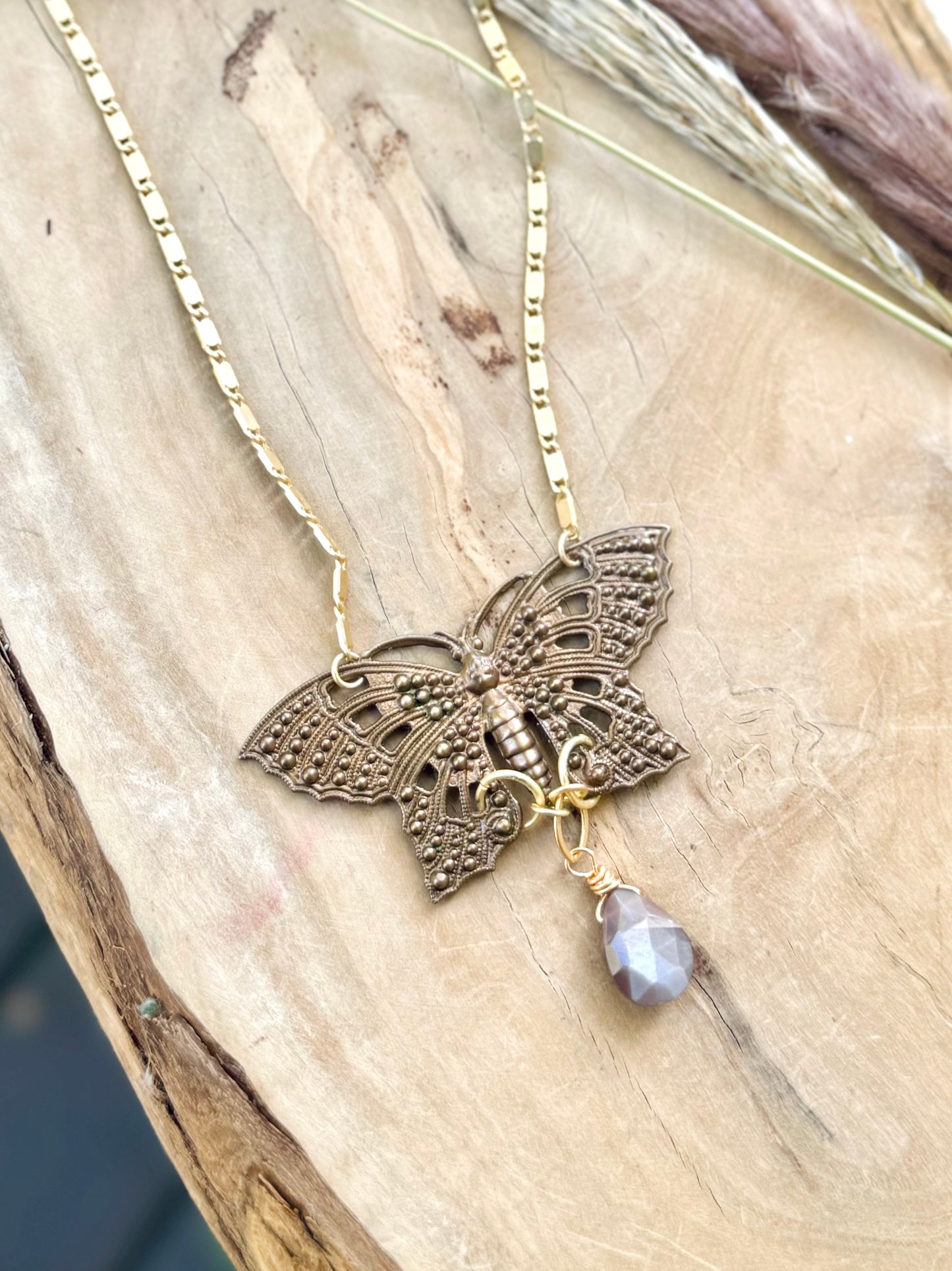 Chocolate Moonstone + Mixed Metals Butterfly Drop Necklace