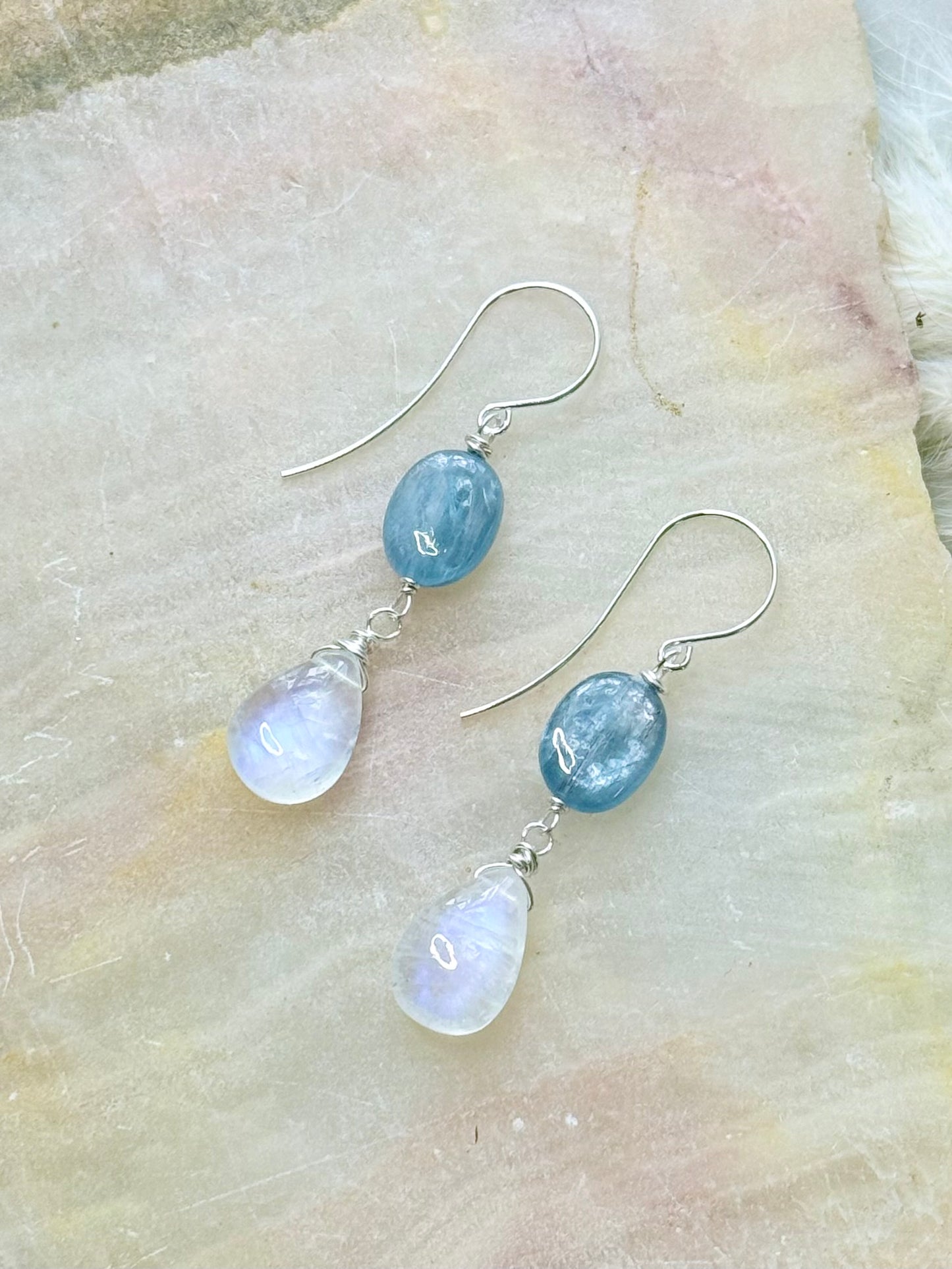 Kyanite + Rainbow Moonstone Silver Earrings