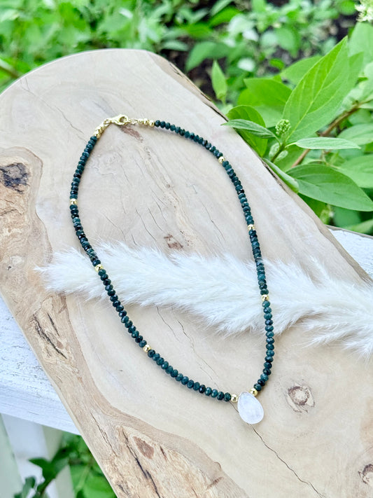 Luxe Grandidierite + Rainbow Moonstone Gold Necklace
