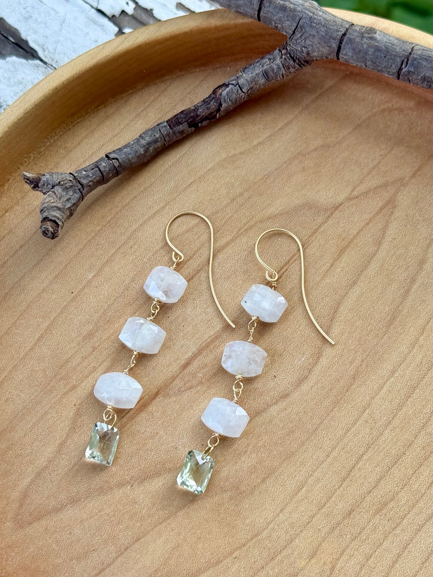 Rainbow Moonstone + Green Amethyst Gold Earrings