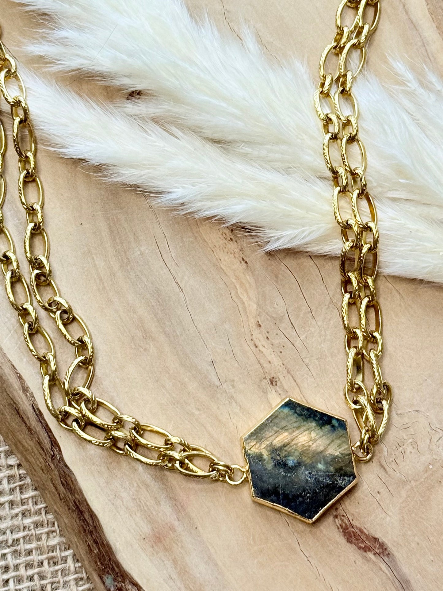 Labradorite + Gold Stainless Steel Double Chain Necklace