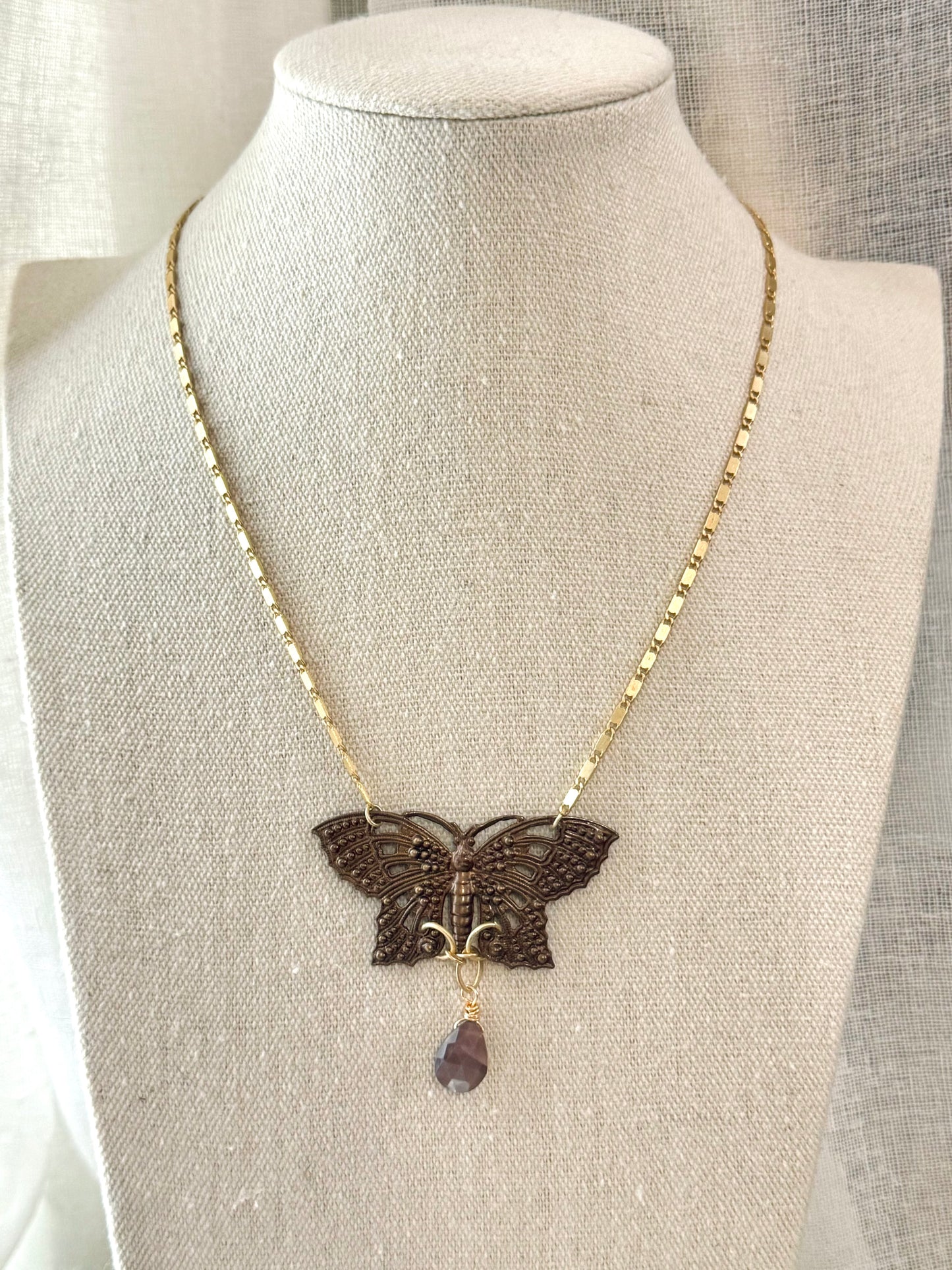 Chocolate Moonstone + Mixed Metals Butterfly Drop Necklace