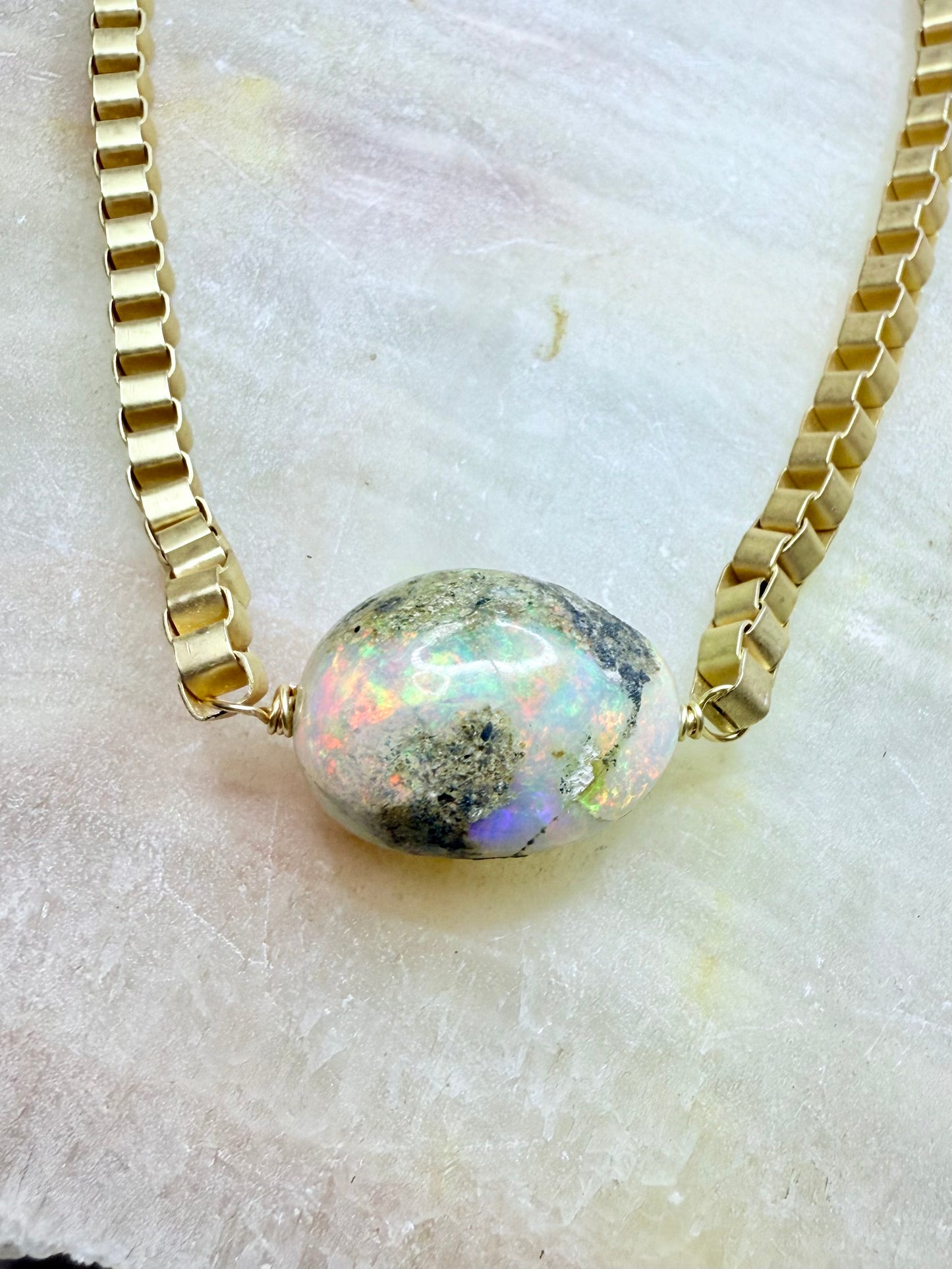 Rustic Ethiopian Opal + Matte Gold Necklace