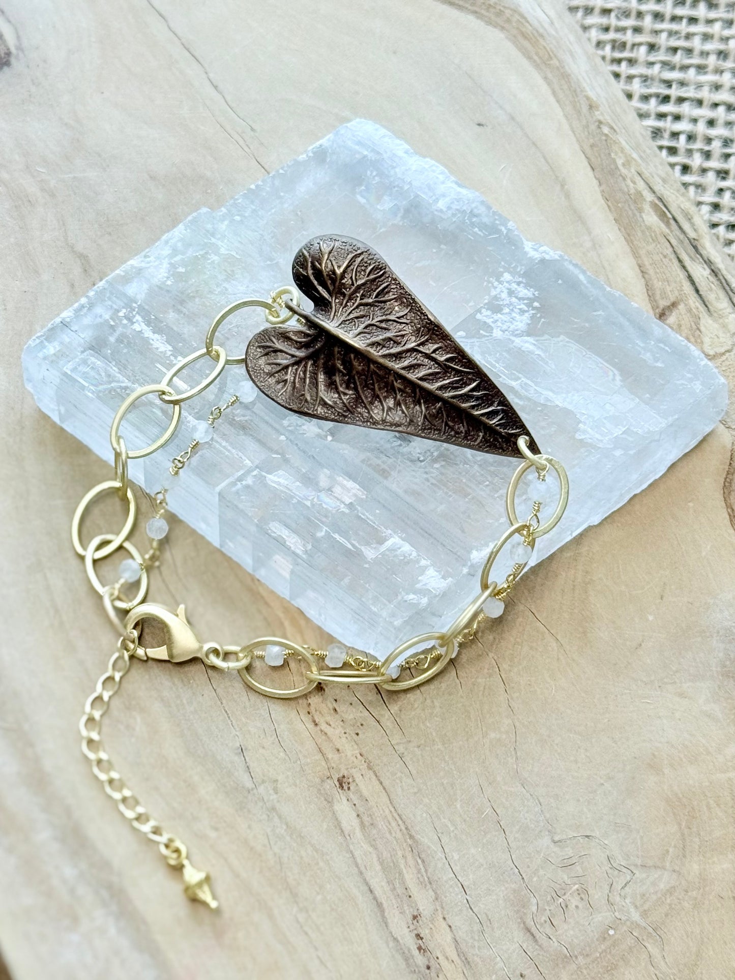 Brown Brass Leaf + Moonstone Mixed Metal Chain Bracelet