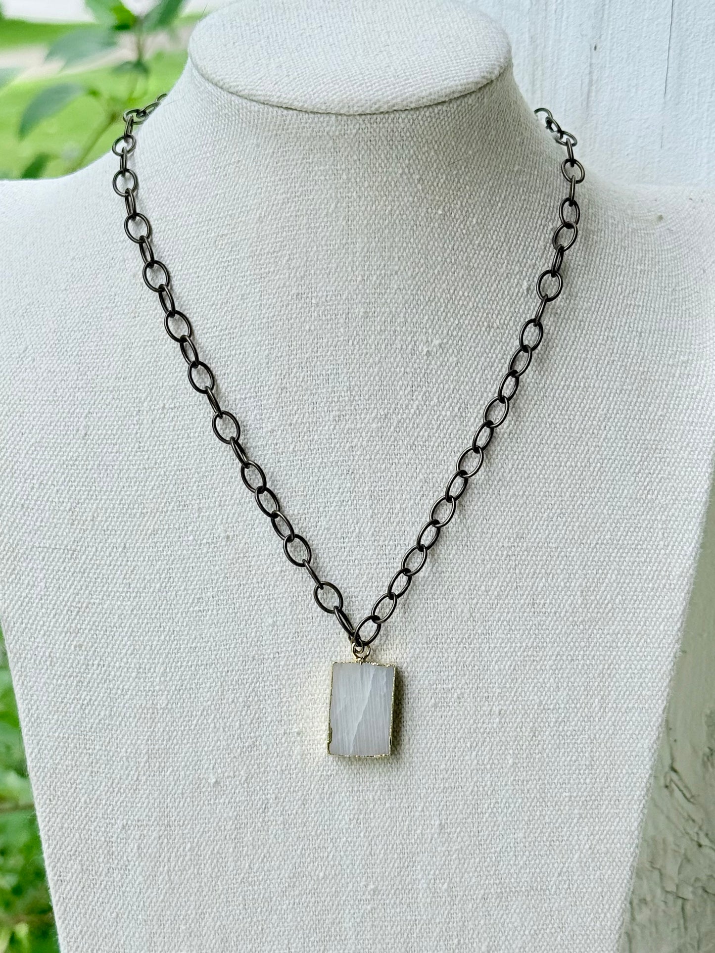 Rainbow Moonstone Rectangle + Antique Bronze Necklace