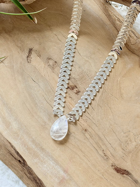 Rainbow Moonstone + Silver Half-Moon Chain Necklace