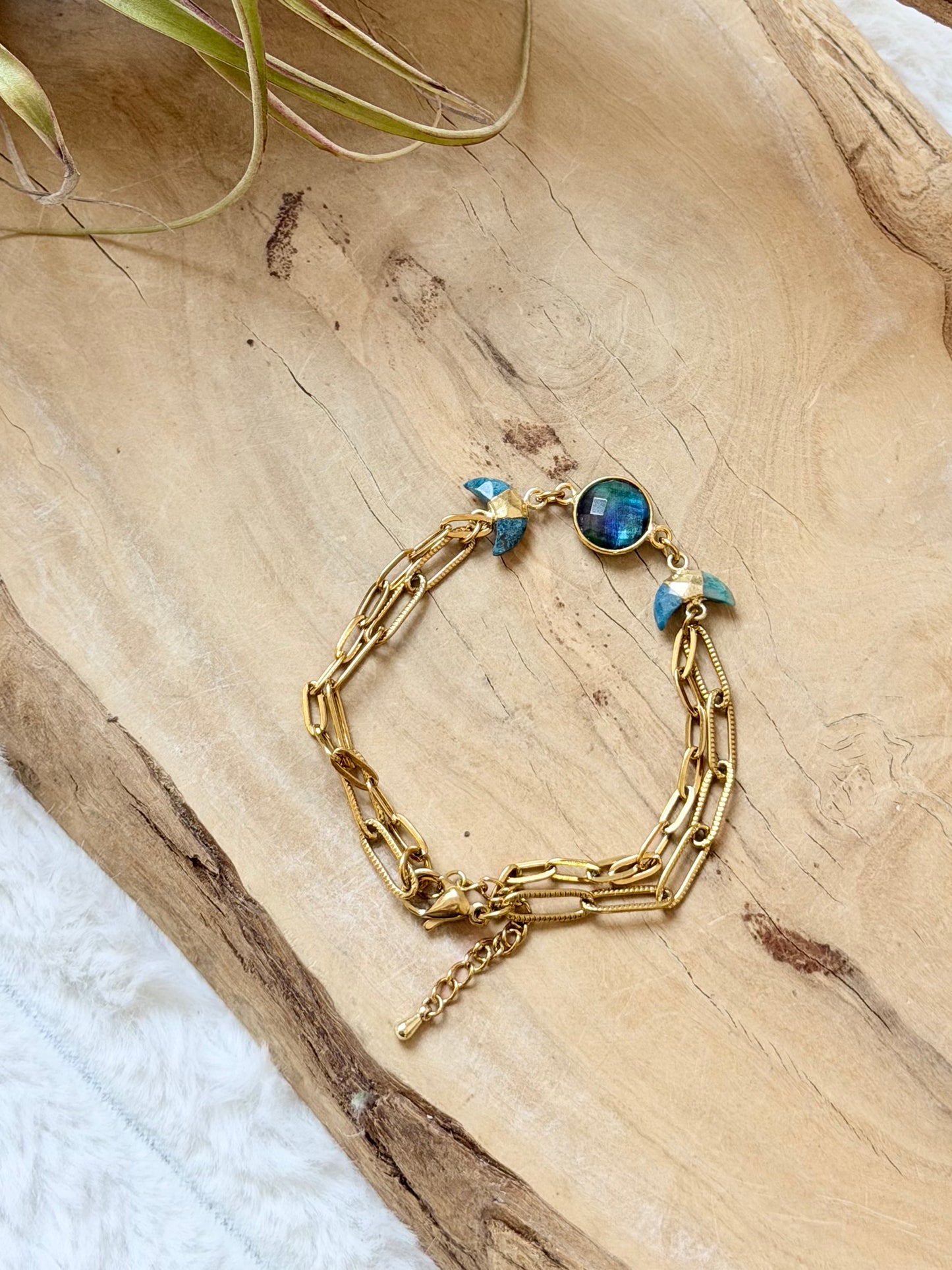 Multi-Color Quartz + Apatite Gold Moon Bracelet