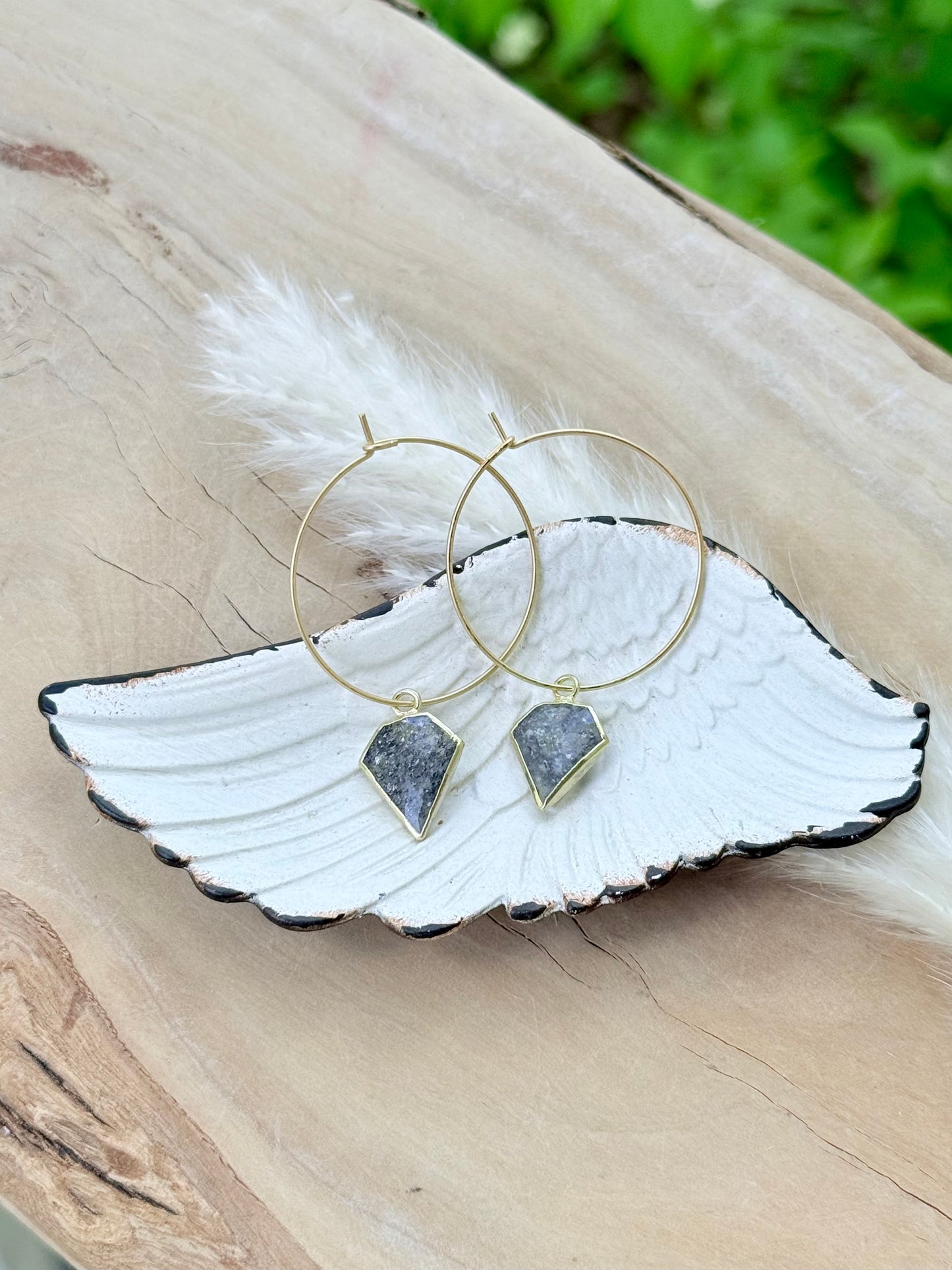 Black Sunstone + Matte Gold Hoop Earrings